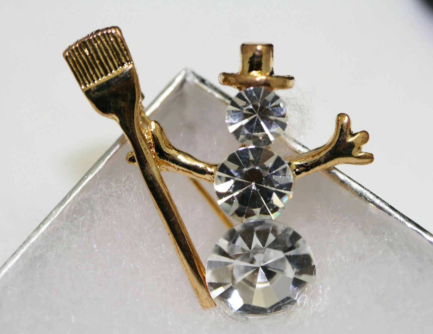 Christmas Snow Man Brooch Pin, Clear Rhinestone with Gold Tone Broom, Xmas Holiday Snowman Jewelry