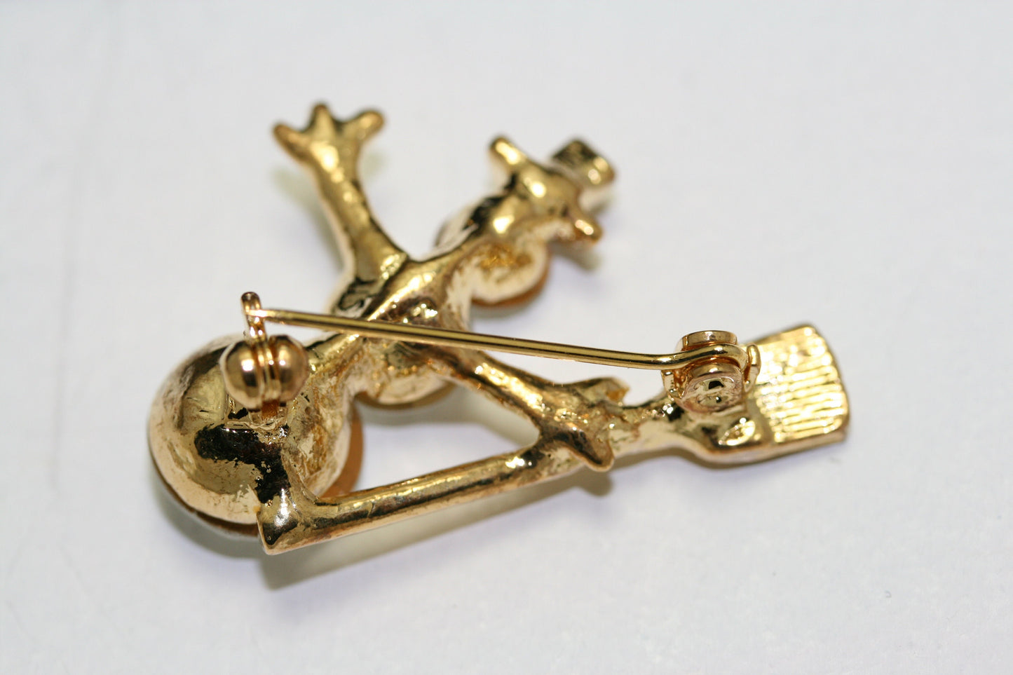 Christmas Snow Man Brooch Pin, Clear Rhinestone with Gold Tone Broom, Xmas Holiday Snowman Jewelry