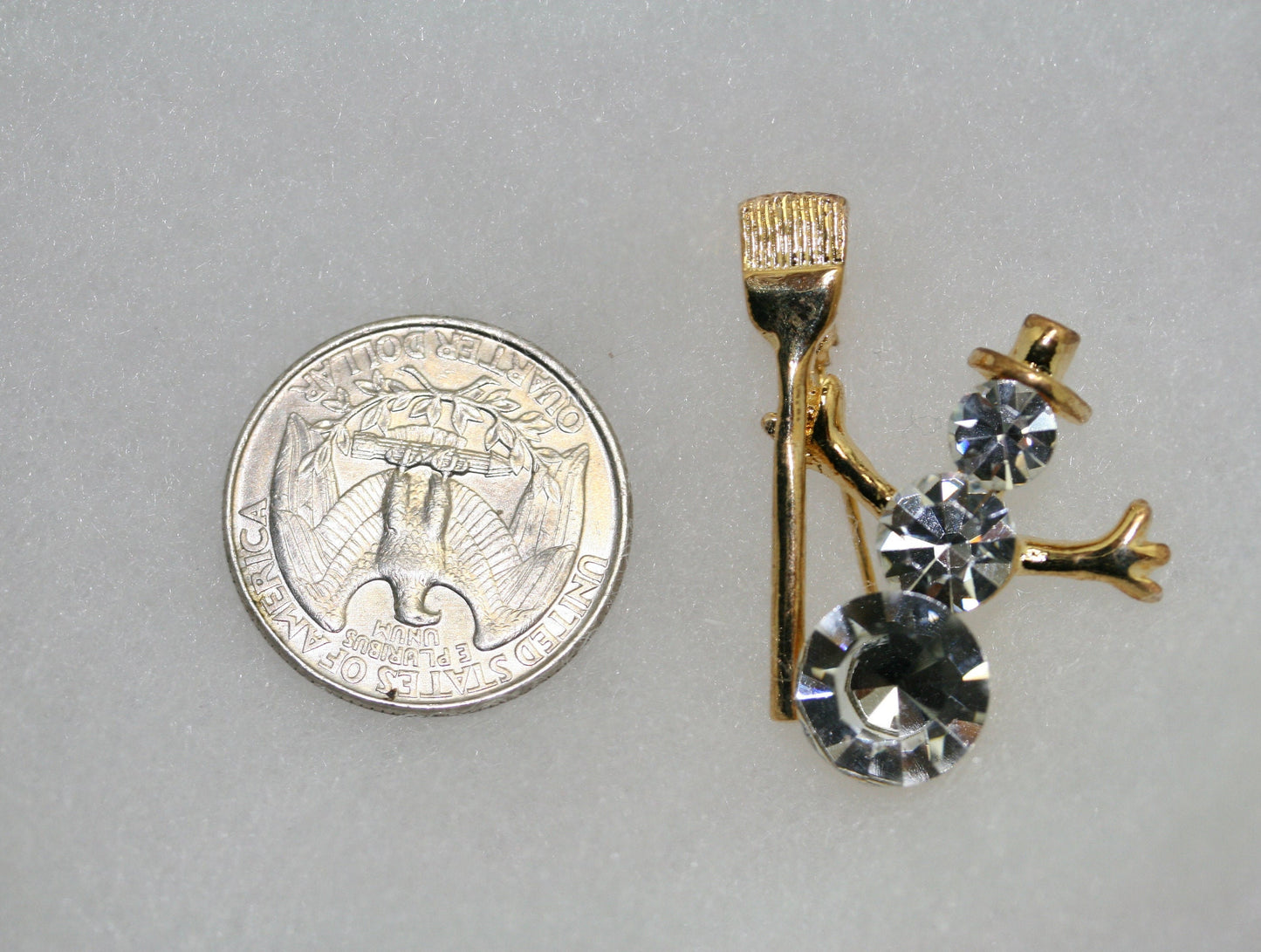 Christmas Snow Man Brooch Pin, Clear Rhinestone with Gold Tone Broom, Xmas Holiday Snowman Jewelry