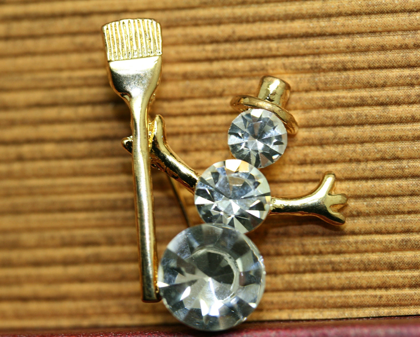 Christmas Snow Man Brooch Pin, Clear Rhinestone with Gold Tone Broom, Xmas Holiday Snowman Jewelry