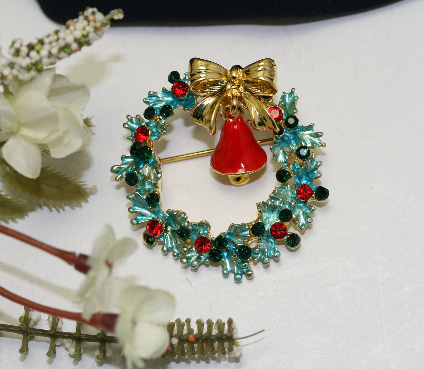 Classic Christmas Wreath with Bow & Bell Rhinestone Crystal Pin Brooch, Xmas Holiday Jewelry Gift
