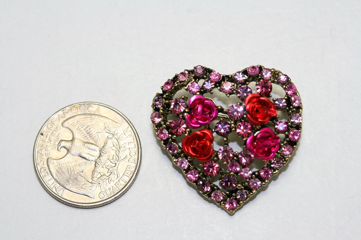 Rhinestone Valentine's Day Heart With Roses Pin Brooch, Valentine's Da Jewelry Gift For Her