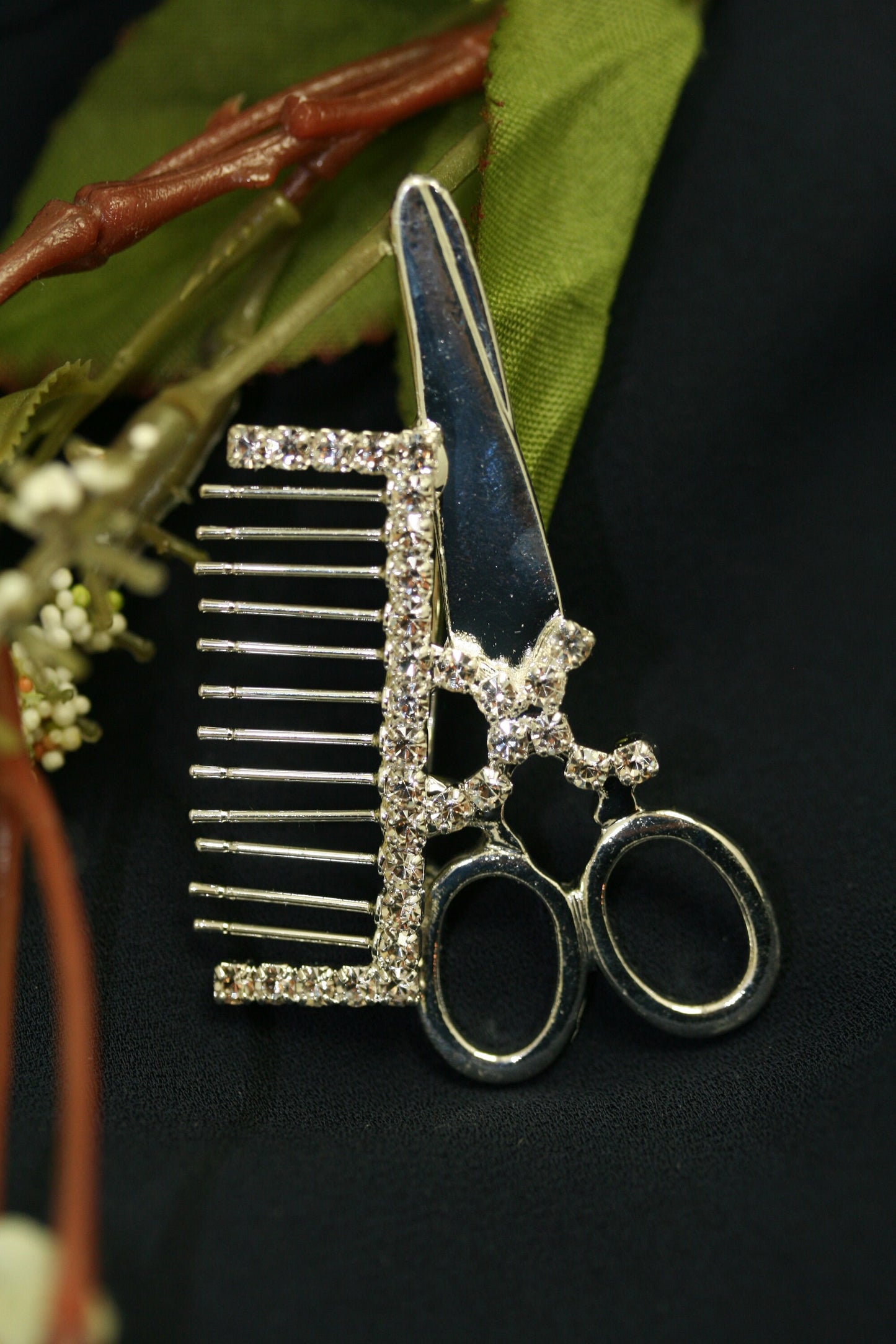 SCISSORS/COMB (Crystal/Silver) Rhinestone Brooch Pin, Hair Solon Accessories, Hairdresser Pin Stylist
