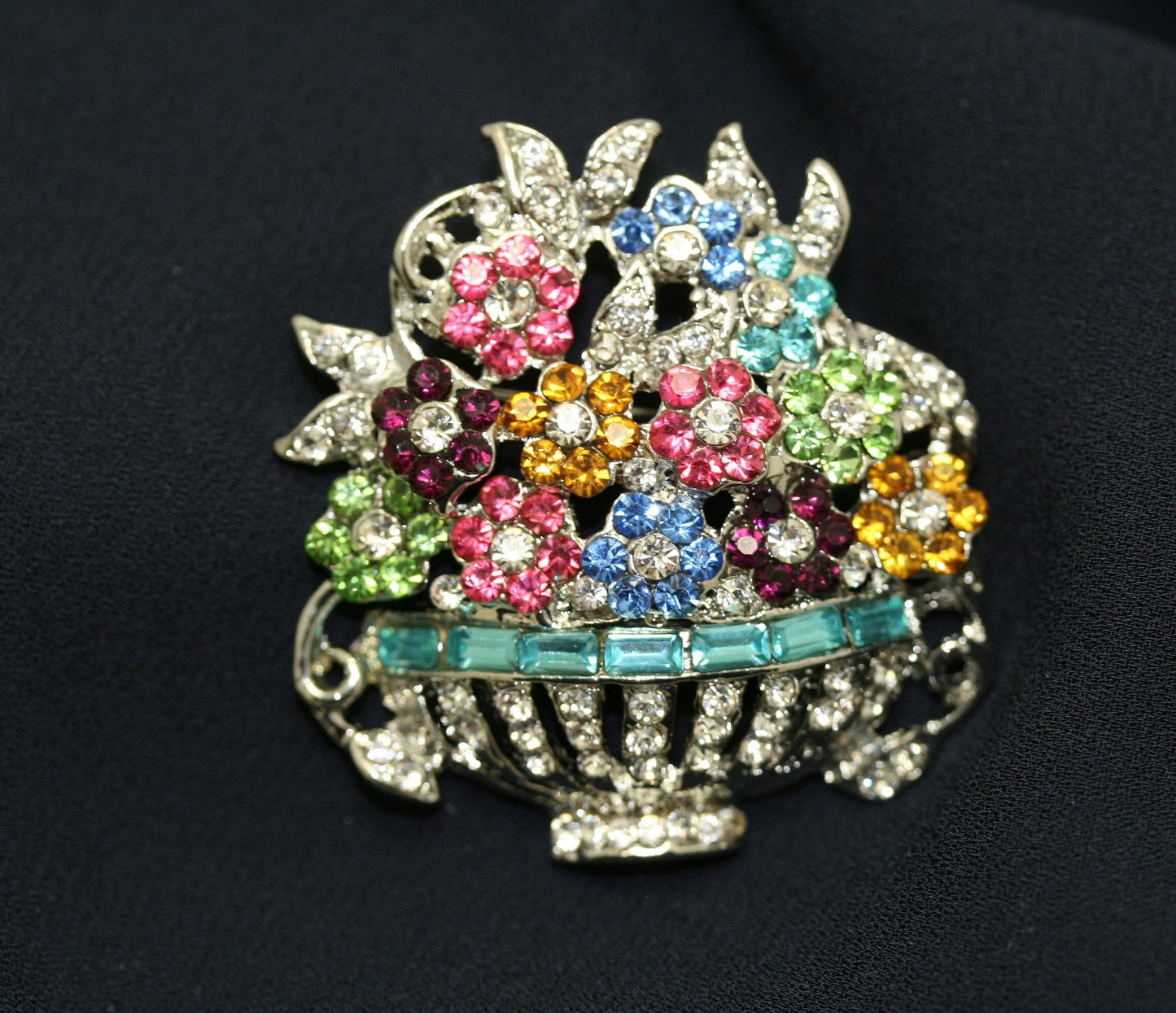 Pastel Rhinestone Mother's Day Easter Flower Bouquet Basket Vase Pin Brooch
