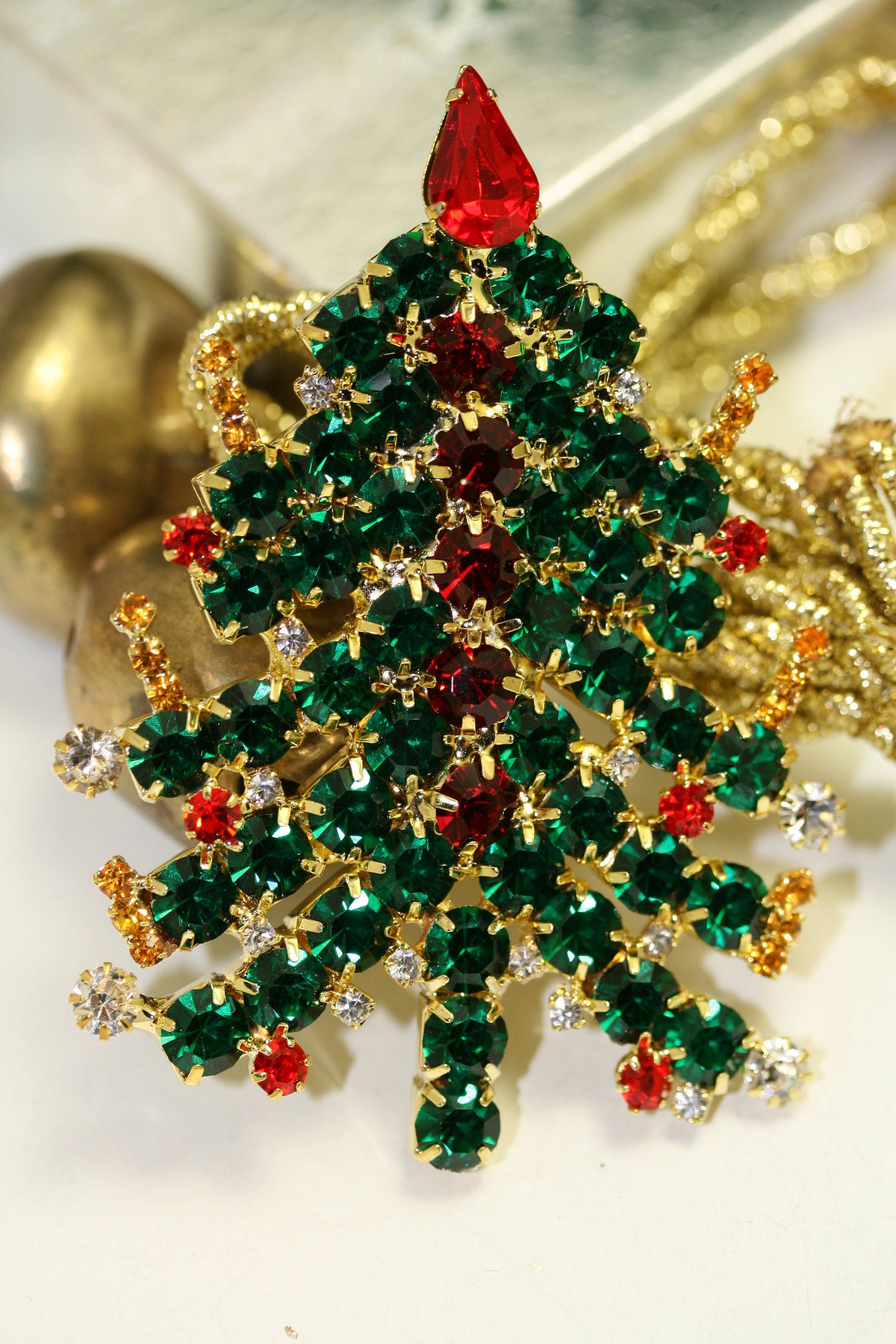 Christmas Tree Brooch Pin Rhinestones Candles Gold Tone Vintage Exquisite Unique, Xmas Holiday Jewelry Gift