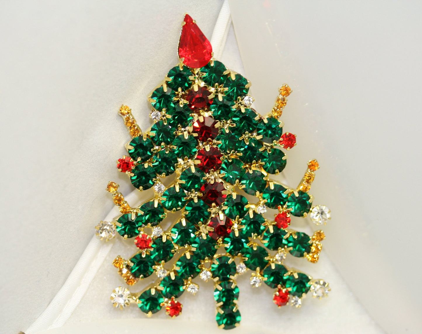 Christmas Tree Brooch Pin Rhinestones Candles Gold Tone Vintage Exquisite Unique, Xmas Holiday Jewelry Gift