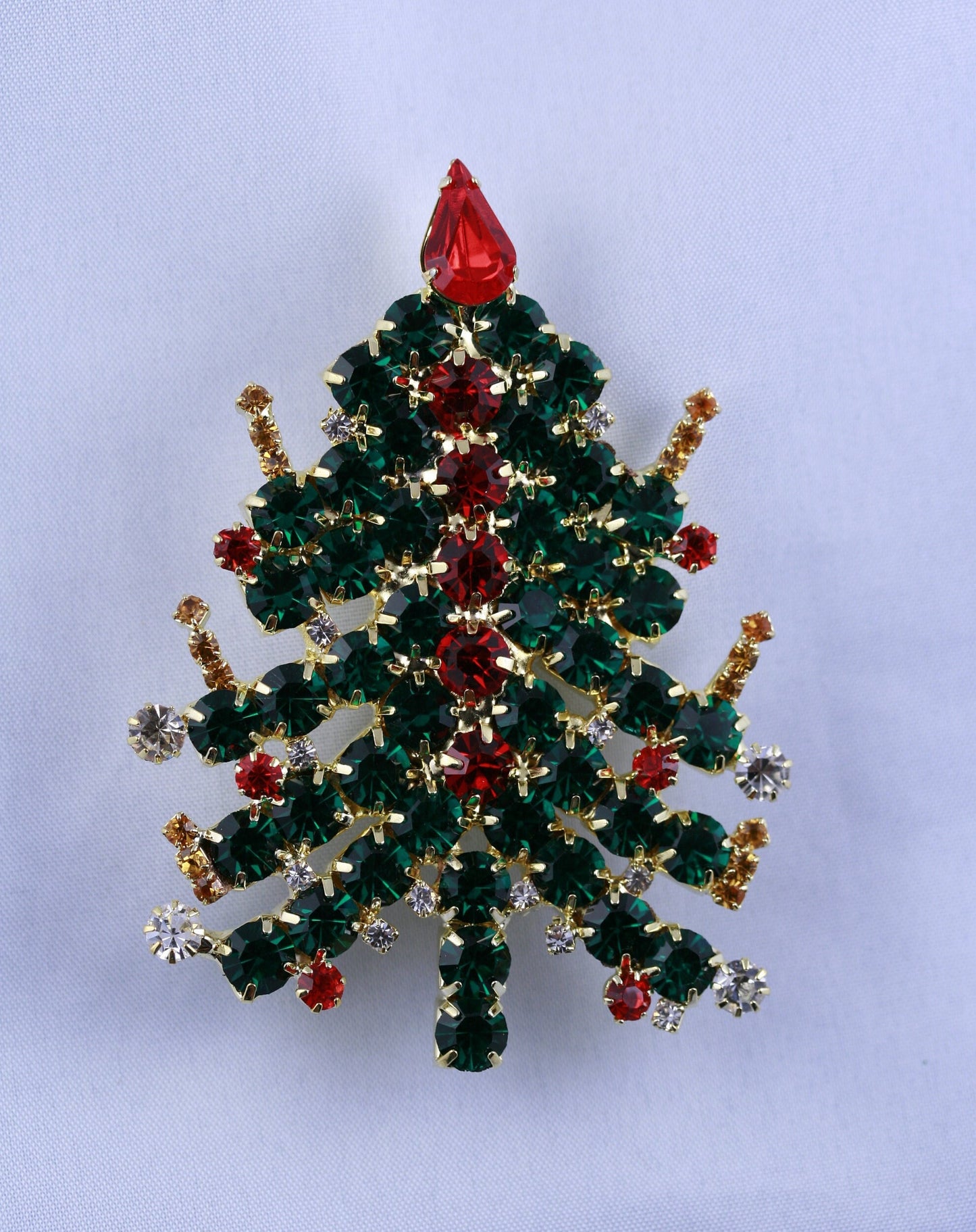 Christmas Tree Brooch Pin Rhinestones Candles Gold Tone Vintage Exquisite Unique, Xmas Holiday Jewelry Gift