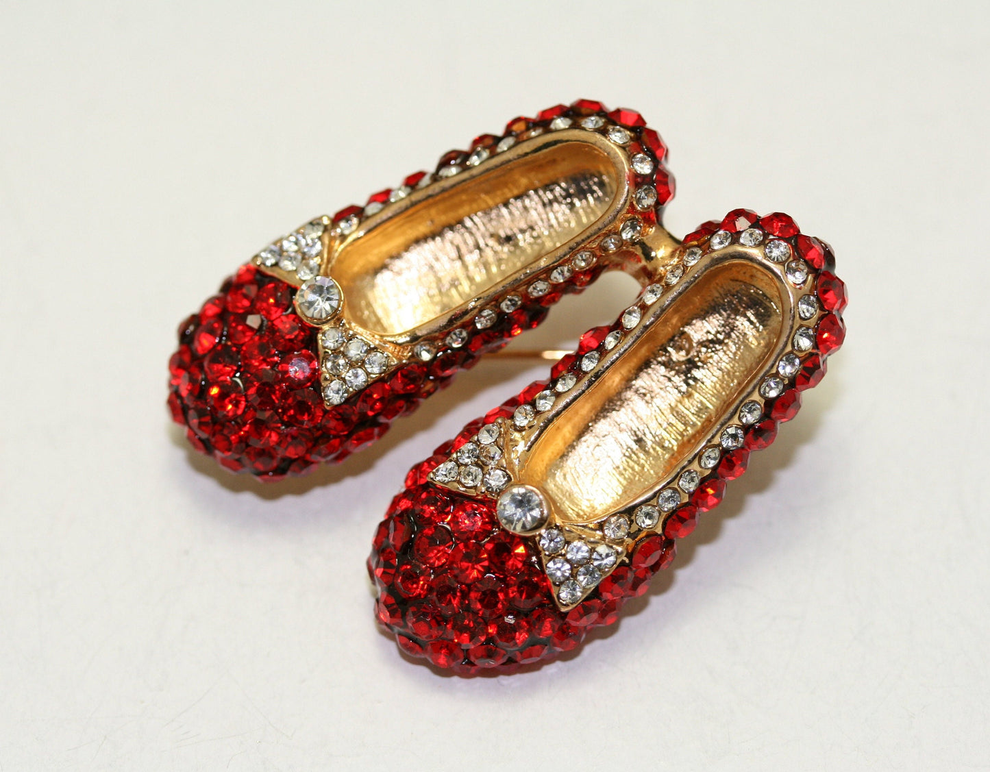 Ruby Rhinestone Slipper Brooch/Pin & Dangle Earrings Set, Red Ruby Rhinestone Gold Tone Slipper Jewelry Set