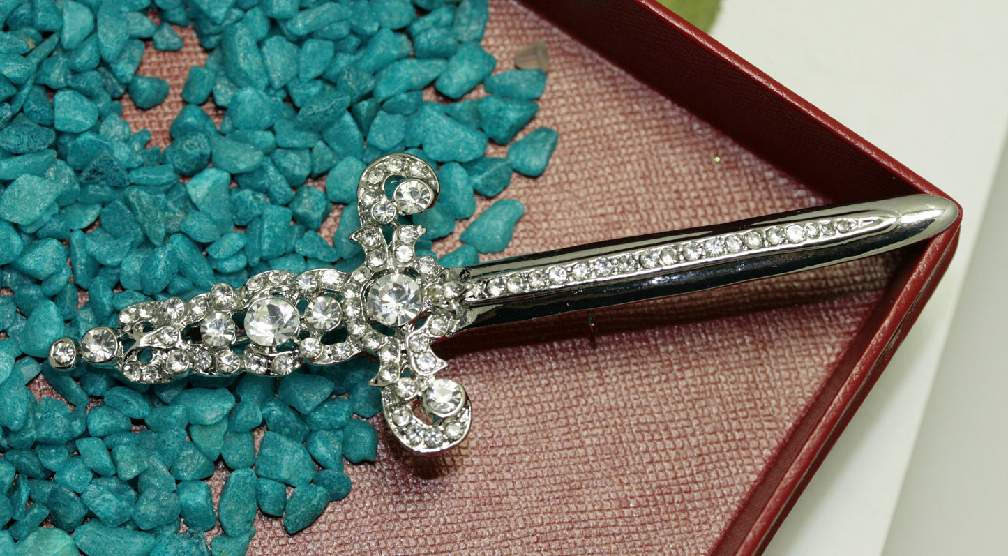 Rhinestone Jeweled Silver-plated Sword Pin Brooch Knight, Beautiful Vintage Crown Sword Jewelry Gift