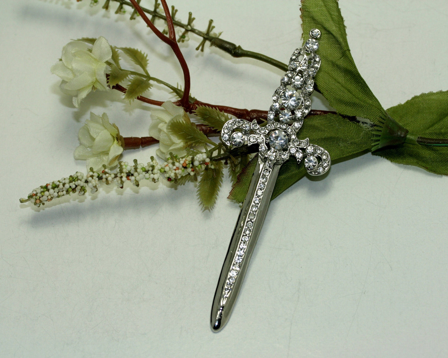 Rhinestone Jeweled Silver-plated Sword Pin Brooch Knight, Beautiful Vintage Crown Sword Jewelry Gift