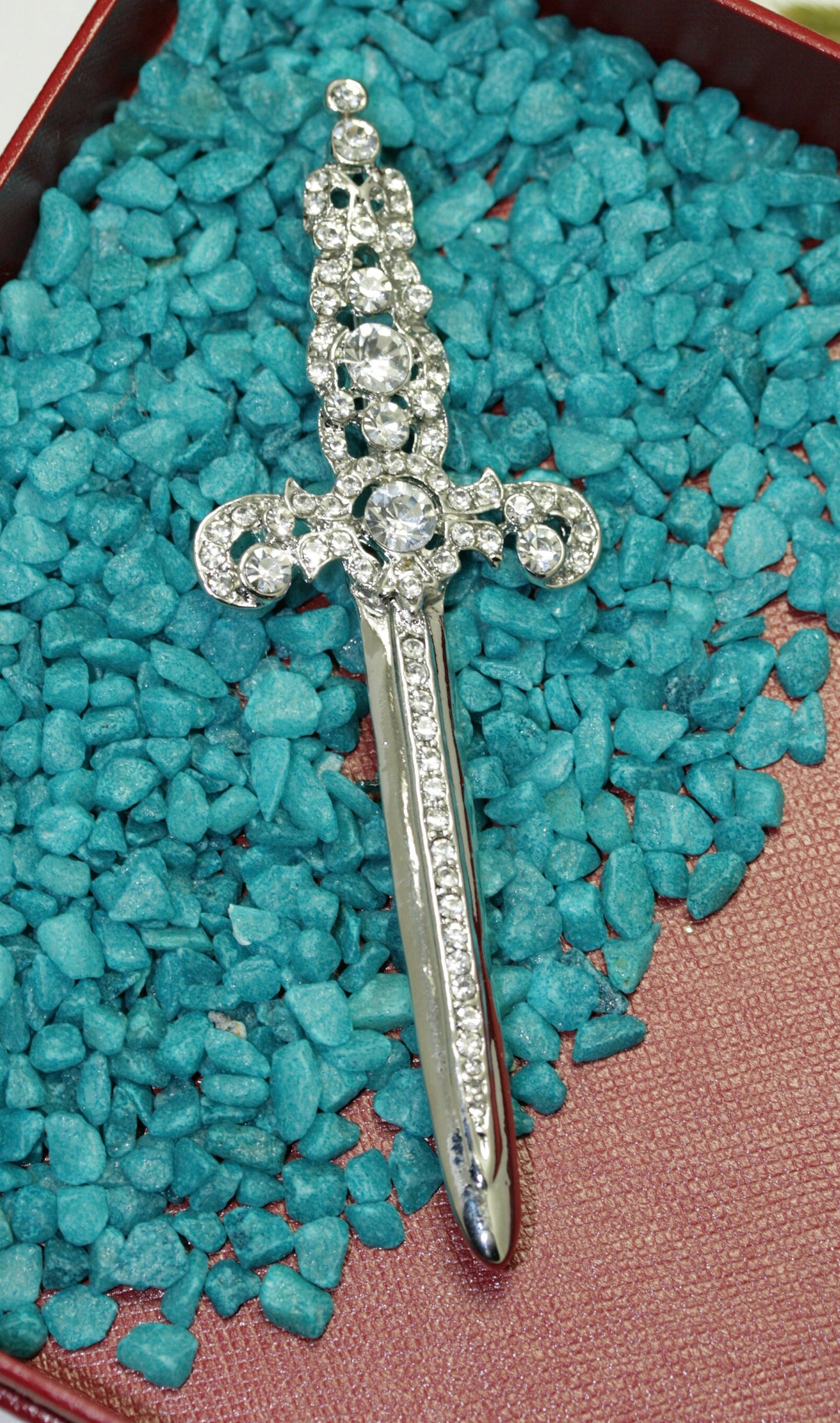 Rhinestone Jeweled Silver-plated Sword Pin Brooch Knight, Beautiful Vintage Crown Sword Jewelry Gift