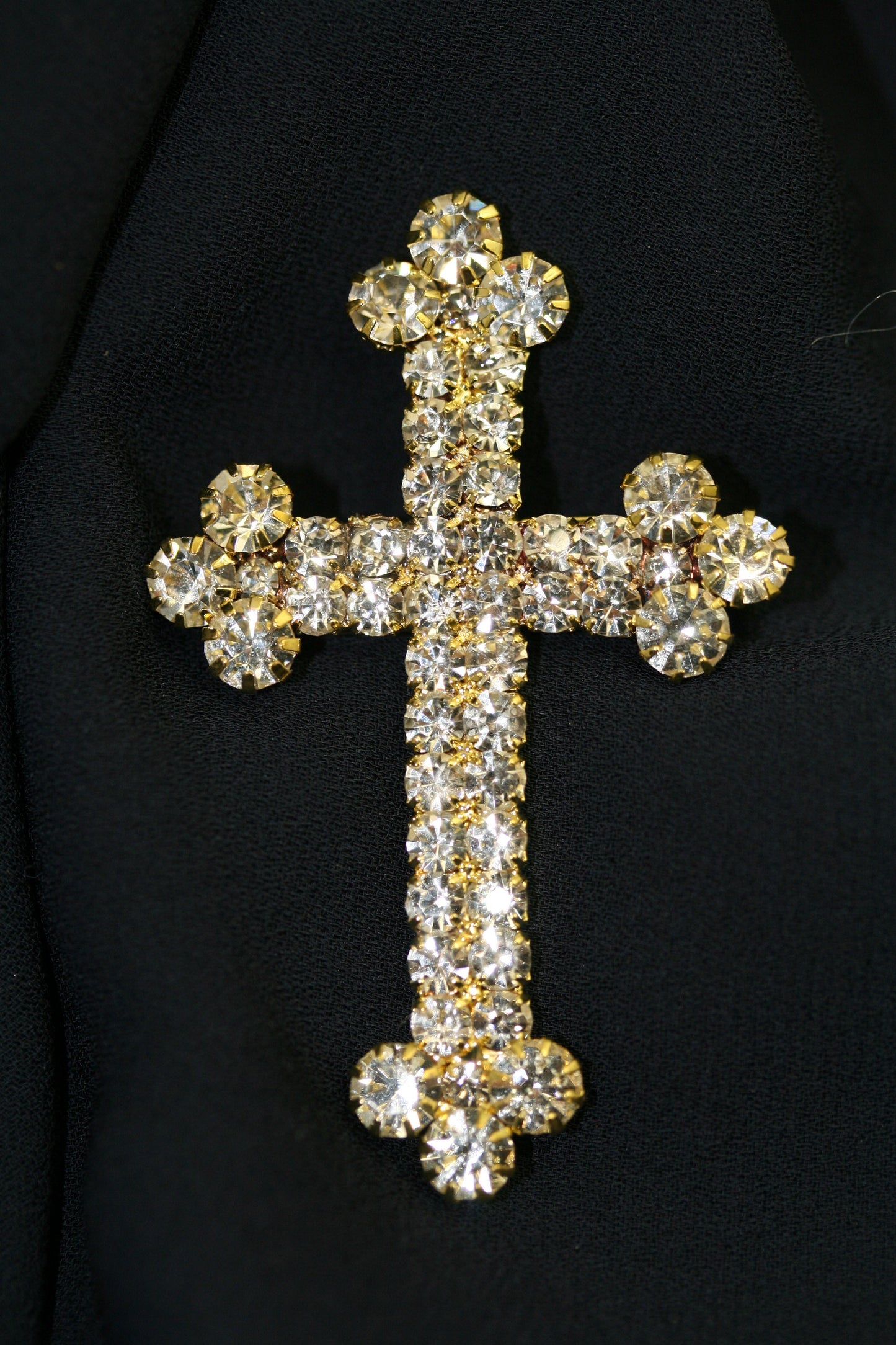 Stunning Silver and Gold Tone Crystal Rhinestone Christian Budded Cross Brooch Pin, Religious Cross Jewelry