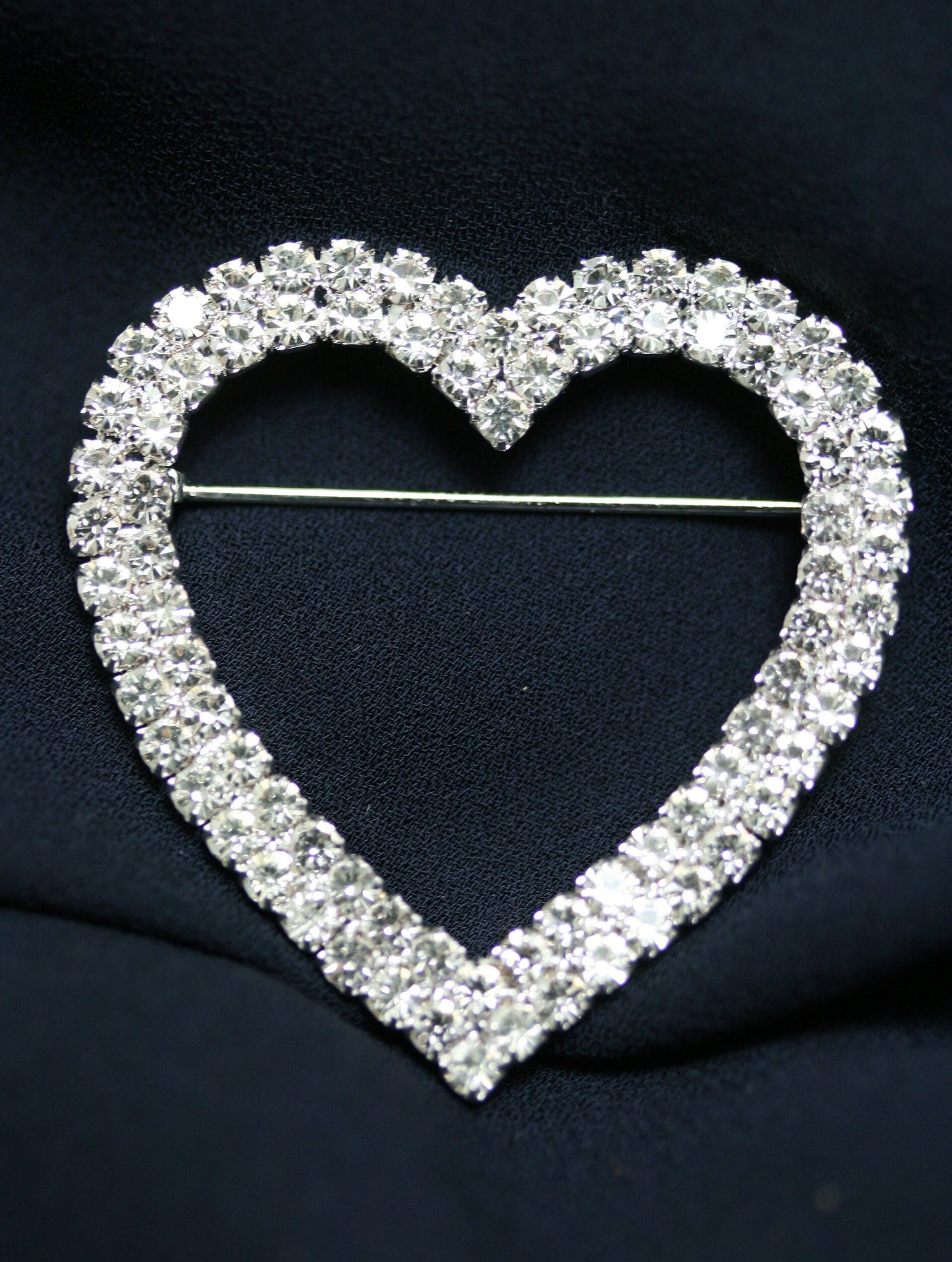 Clear Rhinestone Open Heart Brooch Pin Silver Tone Bling Shiny Sparkly, Valentine's day Heart Jewelry