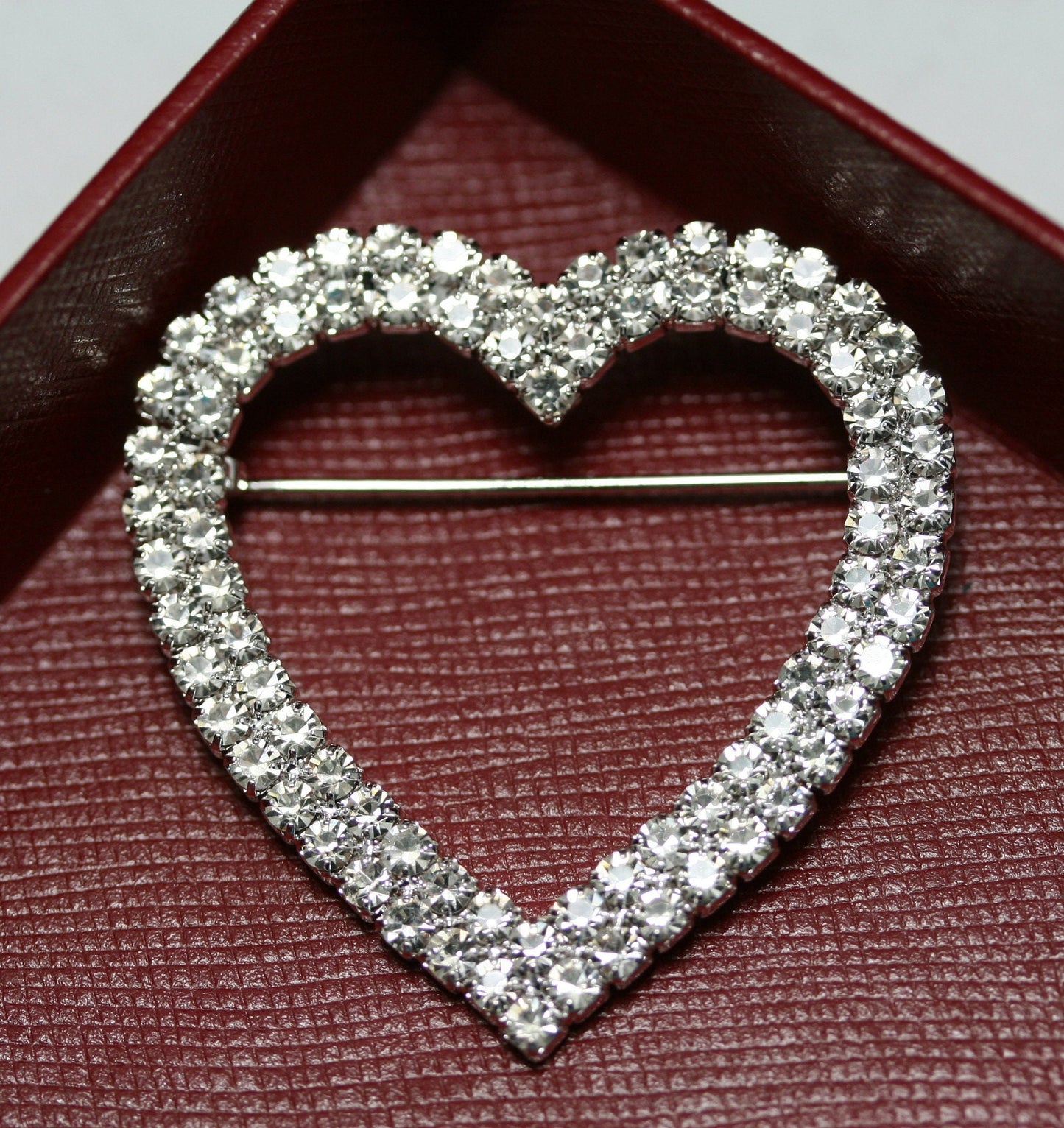 Clear Rhinestone Open Heart Brooch Pin Silver Tone Bling Shiny Sparkly, Valentine's day Heart Jewelry