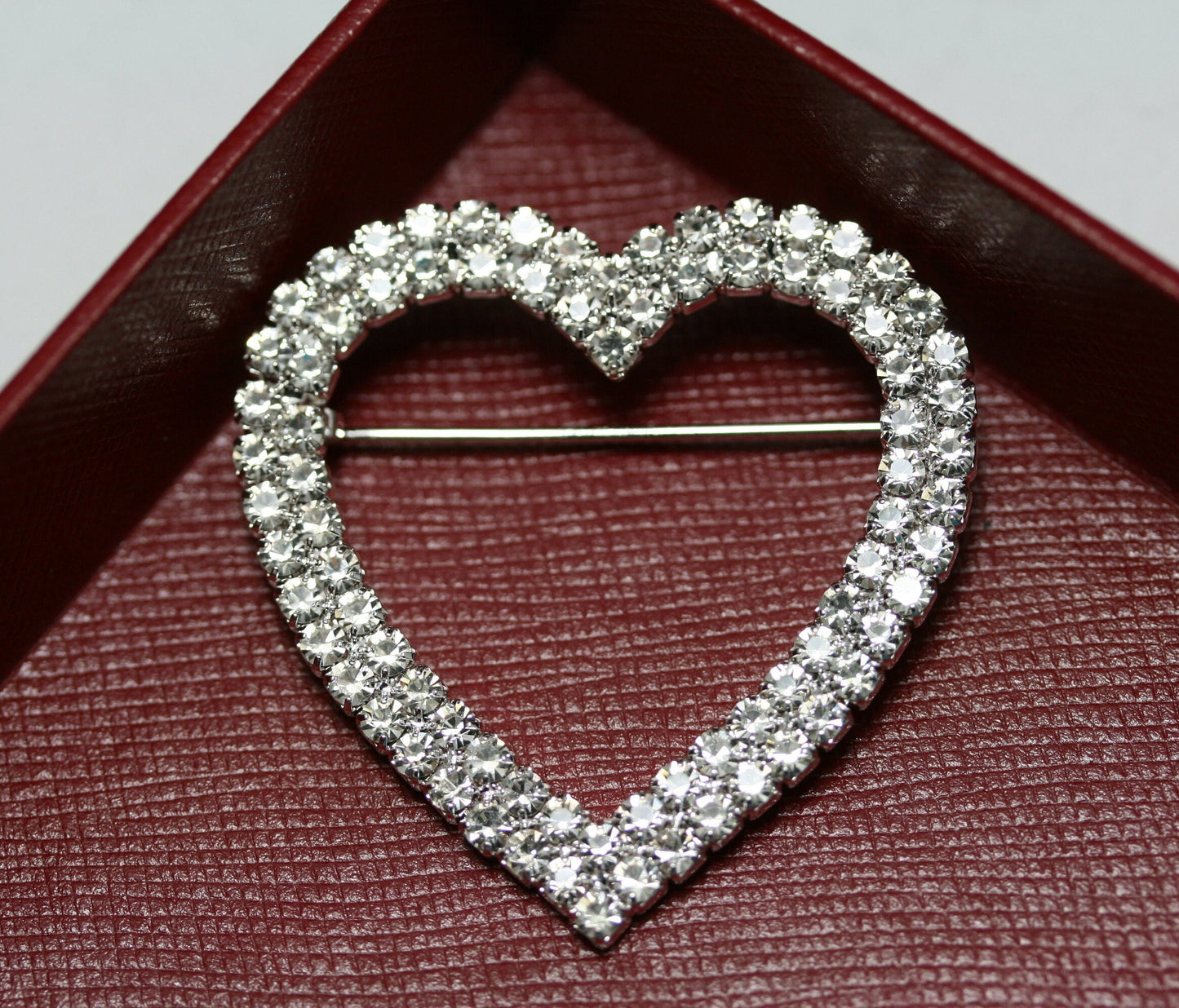 Clear Rhinestone Open Heart Brooch Pin Silver Tone Bling Shiny Sparkly, Valentine's day Heart Jewelry