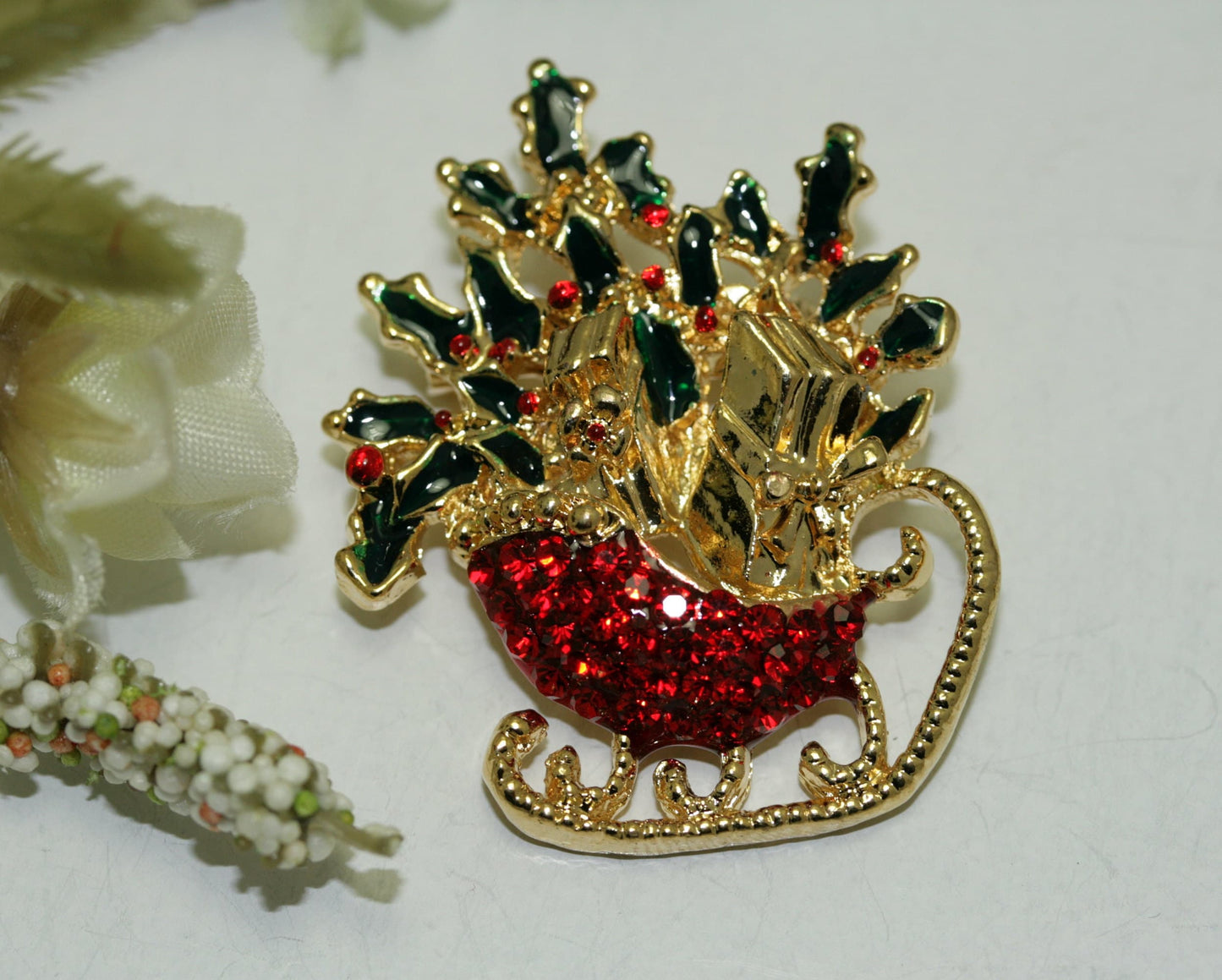 Christmas Xmas Rhinestone Enamel Santa Sleigh Ride Sled Gifts Brooch Pin, Holiday Jewelry Gift