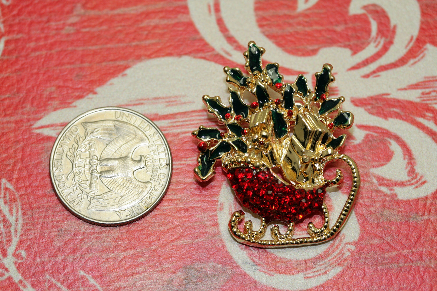 Christmas Xmas Rhinestone Enamel Santa Sleigh Ride Sled Gifts Brooch Pin, Holiday Jewelry Gift