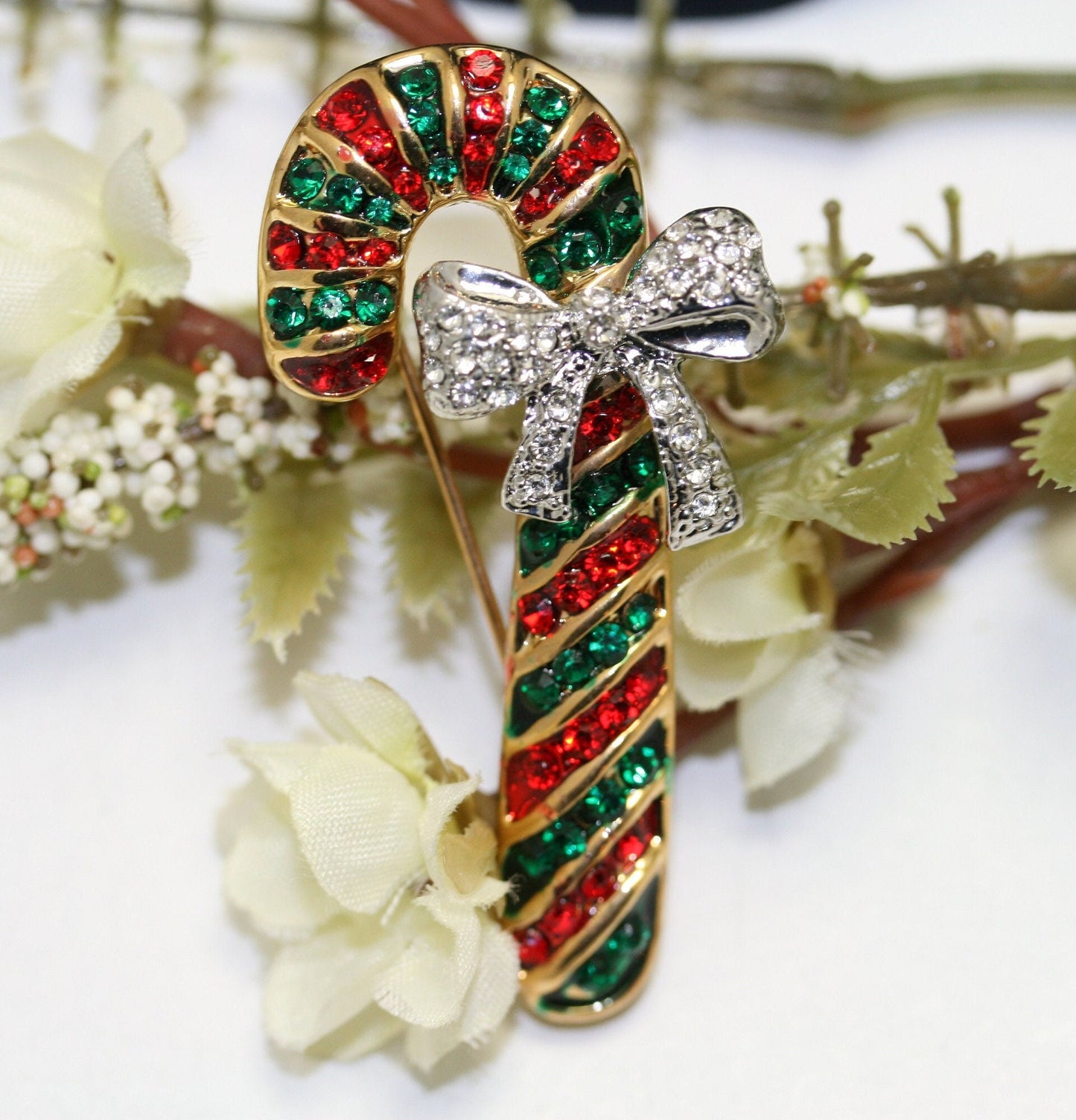 Christmas Candy cane Brooch Rhinestone Sparkle Candy Cane Brooch Pin, Holiday Gift