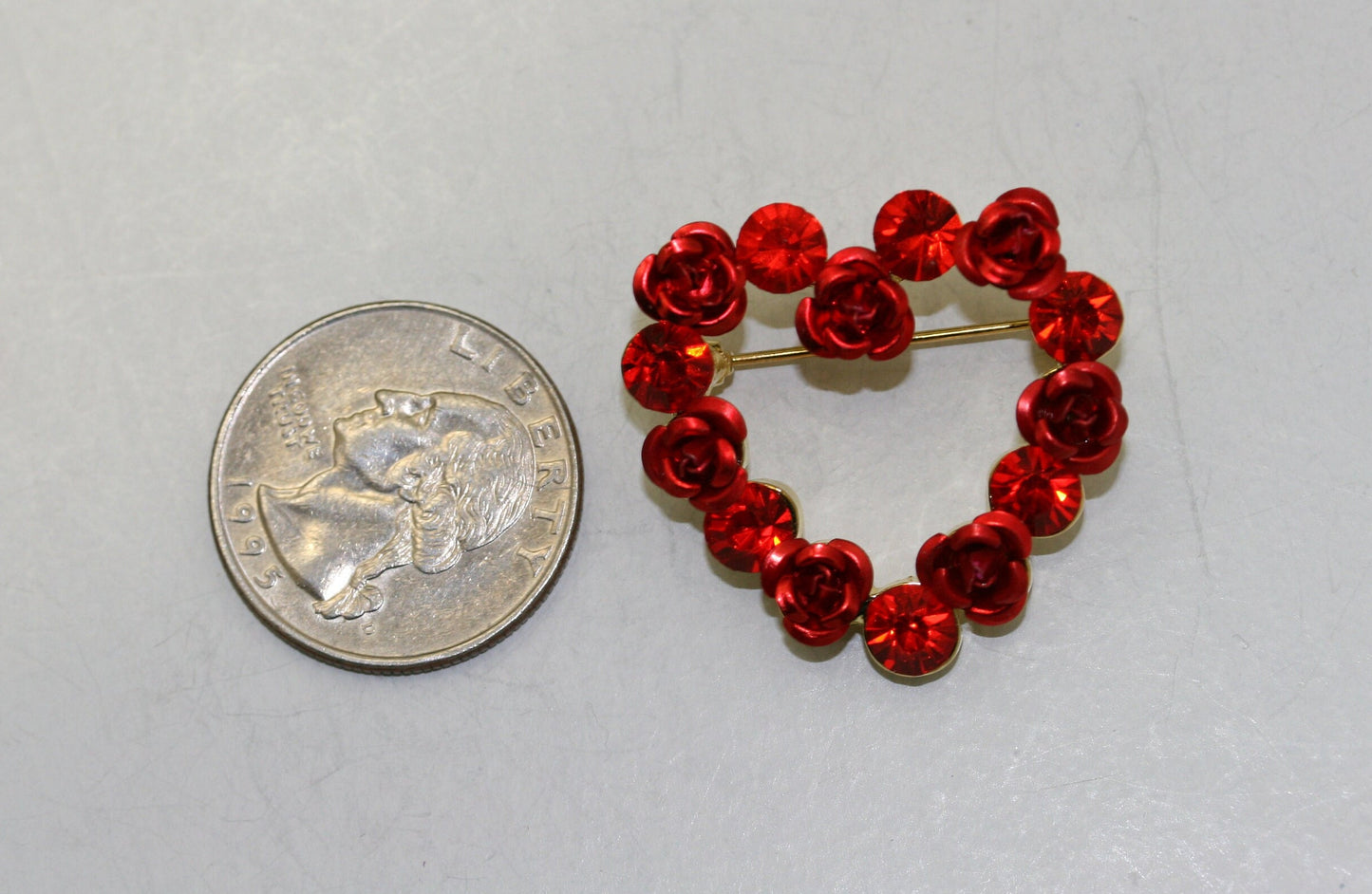 Red Ruby Rhinestone Heart with Roses Brooch Pin, Valentine's Day Heart, Valentine's Day Jewelry Gift