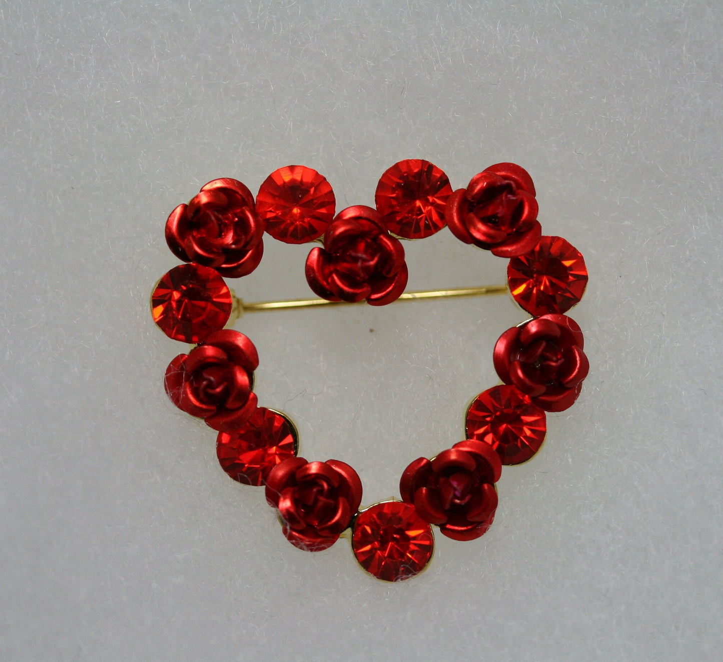 Red Ruby Rhinestone Heart with Roses Brooch Pin, Valentine's Day Heart, Valentine's Day Jewelry Gift