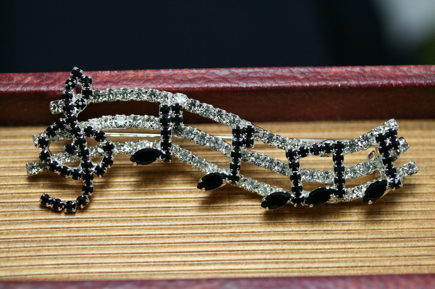 Rhinestone Music Notes Brooch. Rhinestone Silver and Black Music Notes Brooch, Music Note Pin