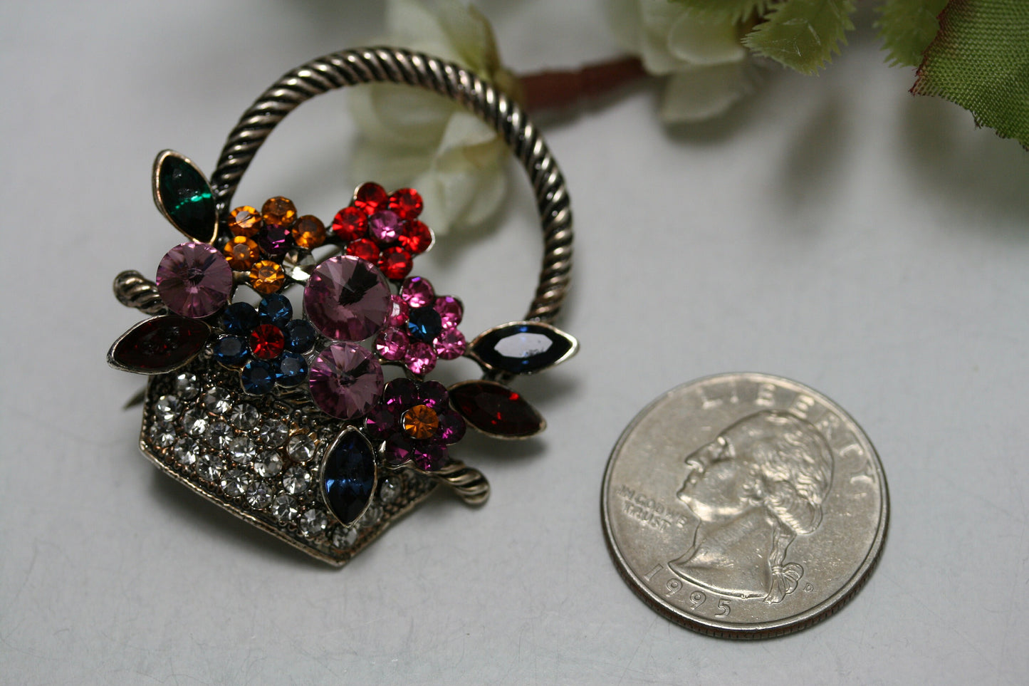 Colorful Antique Flower Basket Brooch Pin Artificial Crystal Rhinestone Vintage Flower Diamond Brooch, Easter Flower Basket Pin Jewelry