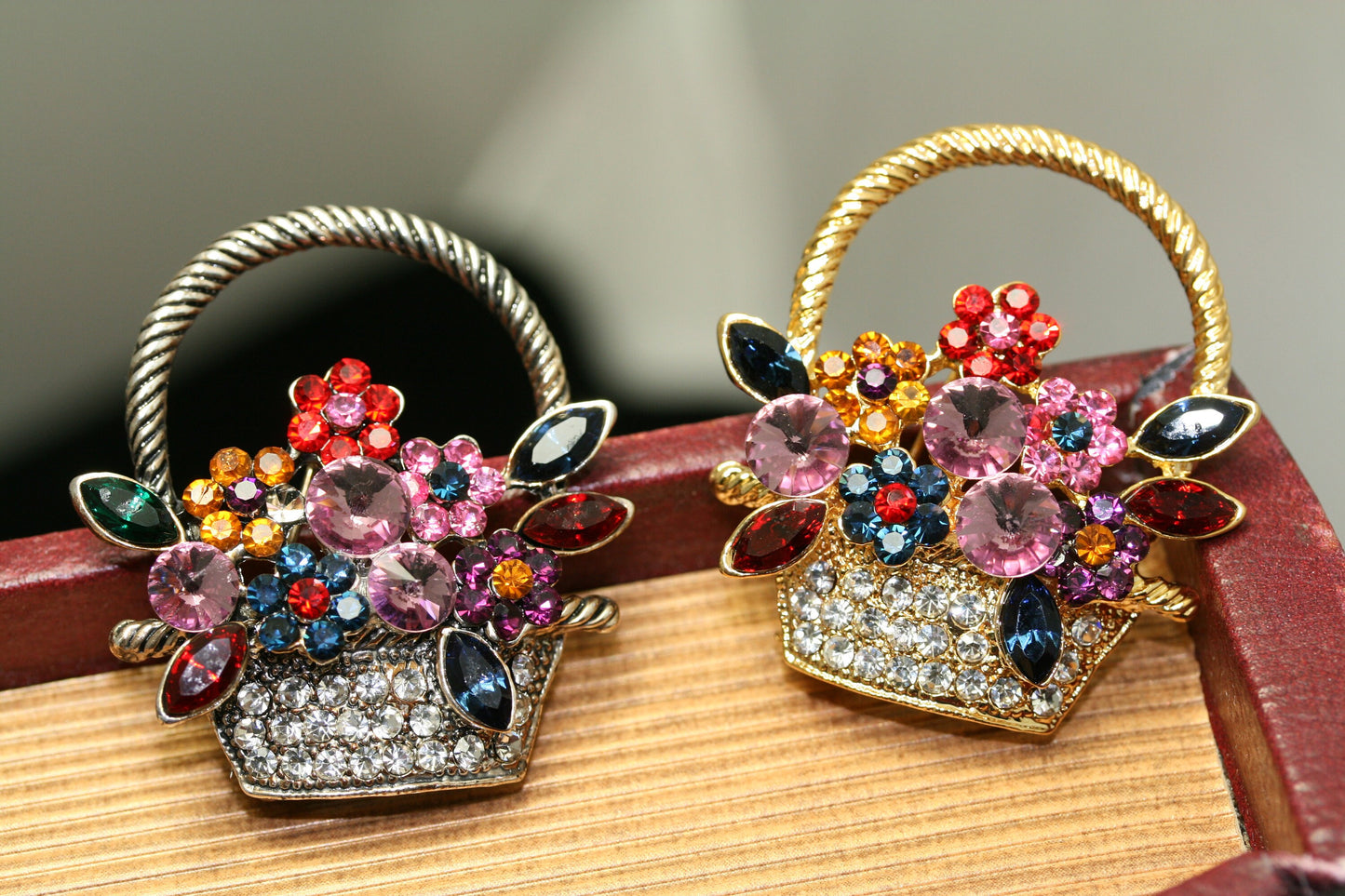Colorful Antique Flower Basket Brooch Pin Artificial Crystal Rhinestone Vintage Flower Diamond Brooch, Easter Flower Basket Pin Jewelry