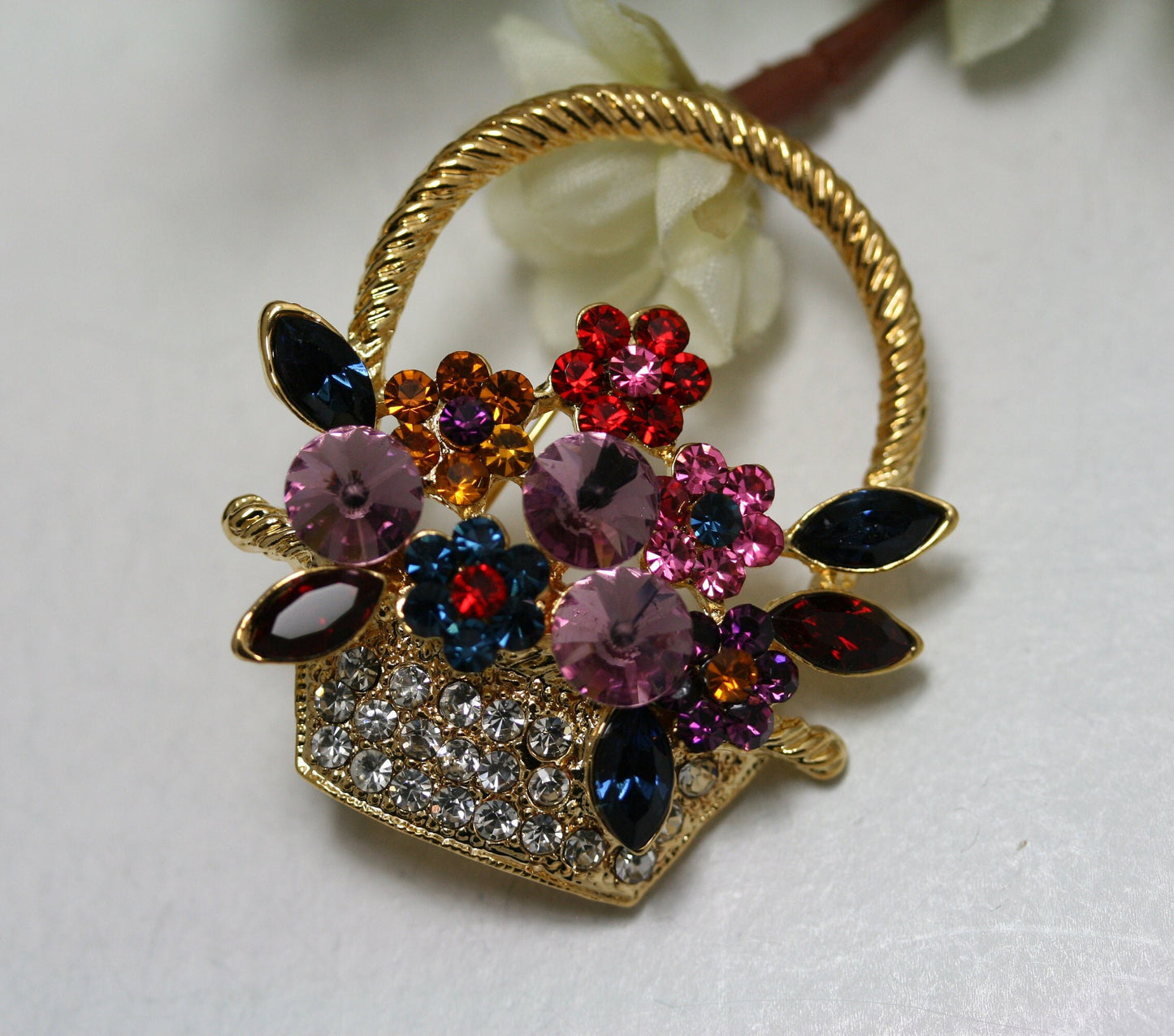 Colorful Antique Flower Basket Brooch Pin Artificial Crystal Rhinestone Vintage Flower Diamond Brooch, Easter Flower Basket Pin Jewelry