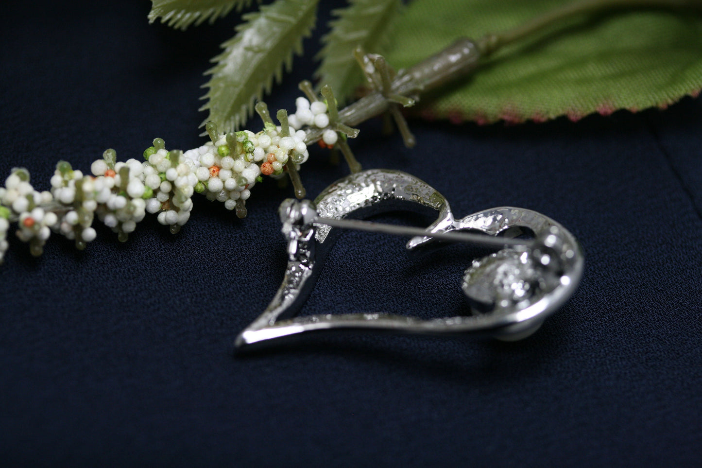 Rhinestone Silver Heart With Faux Pearl Brooch Pin, Valentine's Heart Pin, Valentine's Jewelry Gift