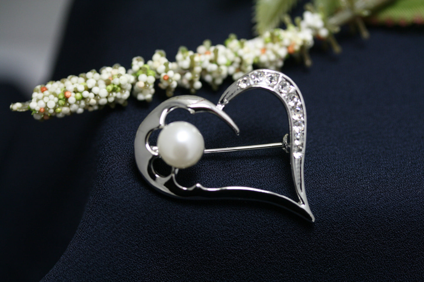 Rhinestone Silver Heart With Faux Pearl Brooch Pin, Valentine's Heart Pin, Valentine's Jewelry Gift