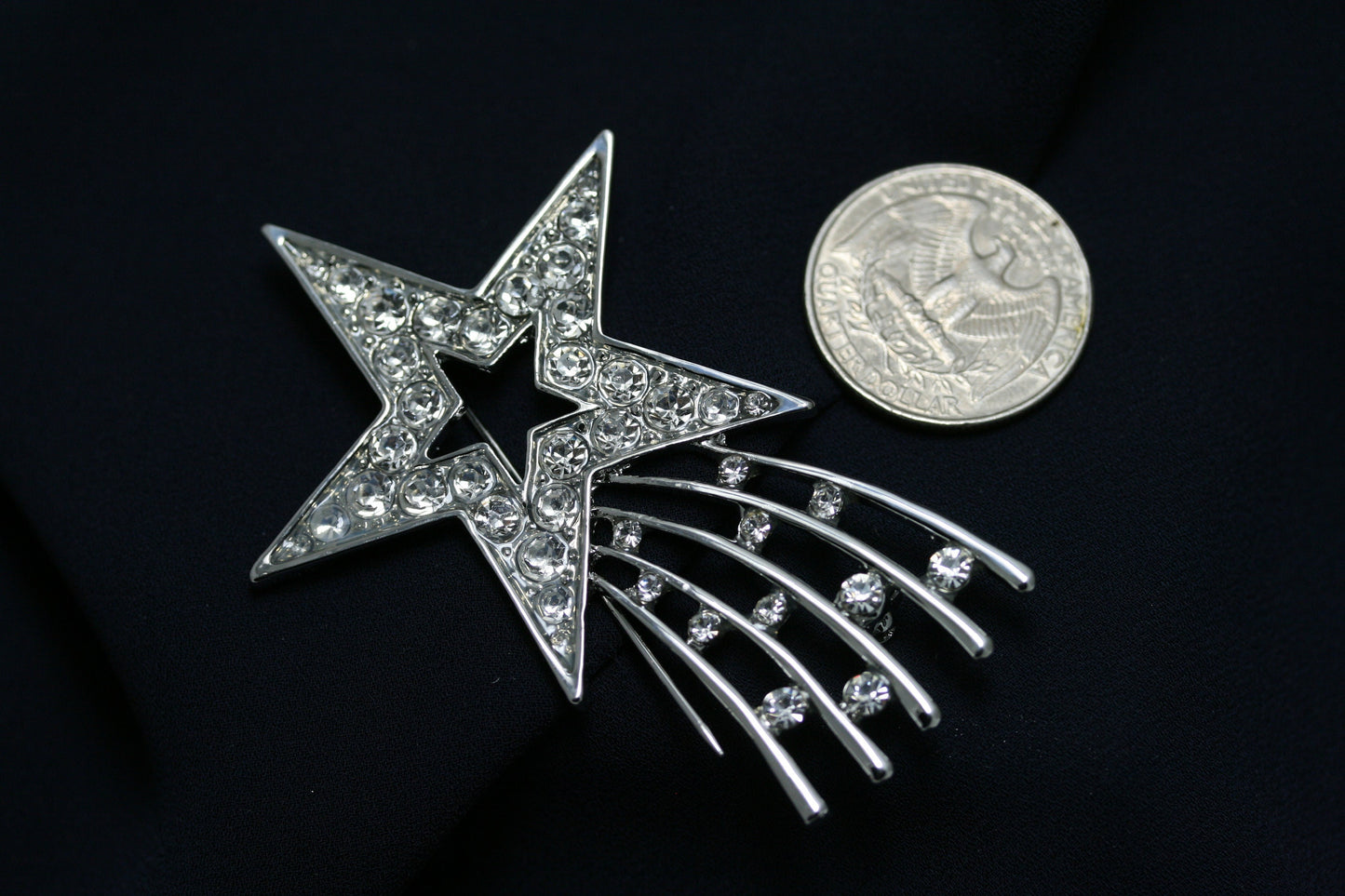 Silver Plated Rhinestone Shooting Star Brooch Pin