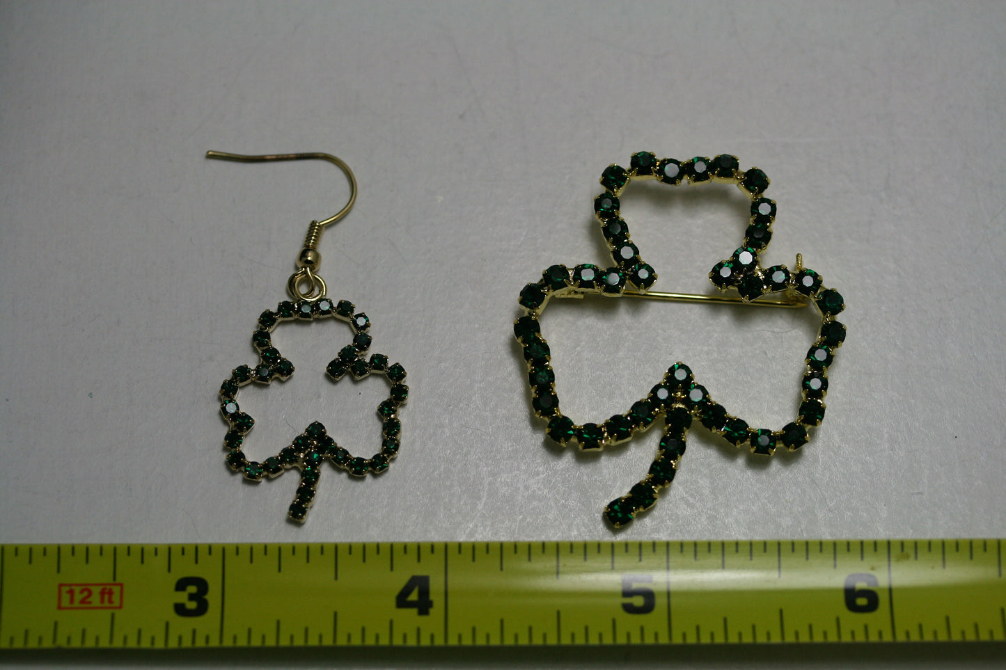 Emeralds Rhinestone Shamrock Outline St Patrick's Day Brooch & Dangle Earrings Set, Irish St Patrick's Day Shamrock Jewelry Gift