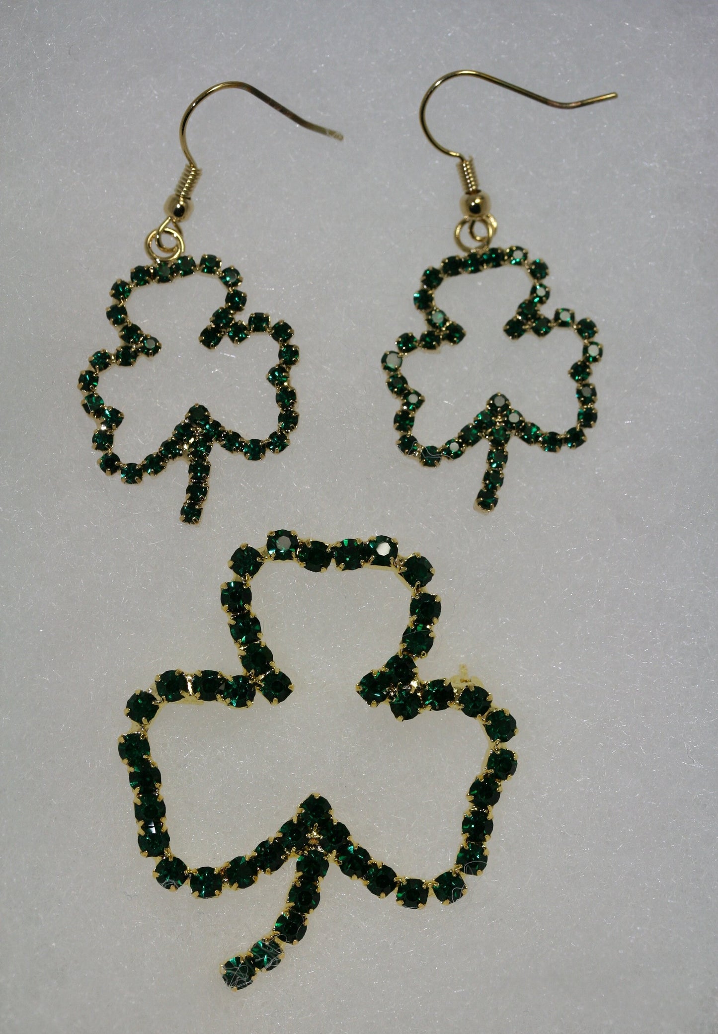 Emeralds Rhinestone Shamrock Outline St Patrick's Day Brooch & Dangle Earrings Set, Irish St Patrick's Day Shamrock Jewelry Gift