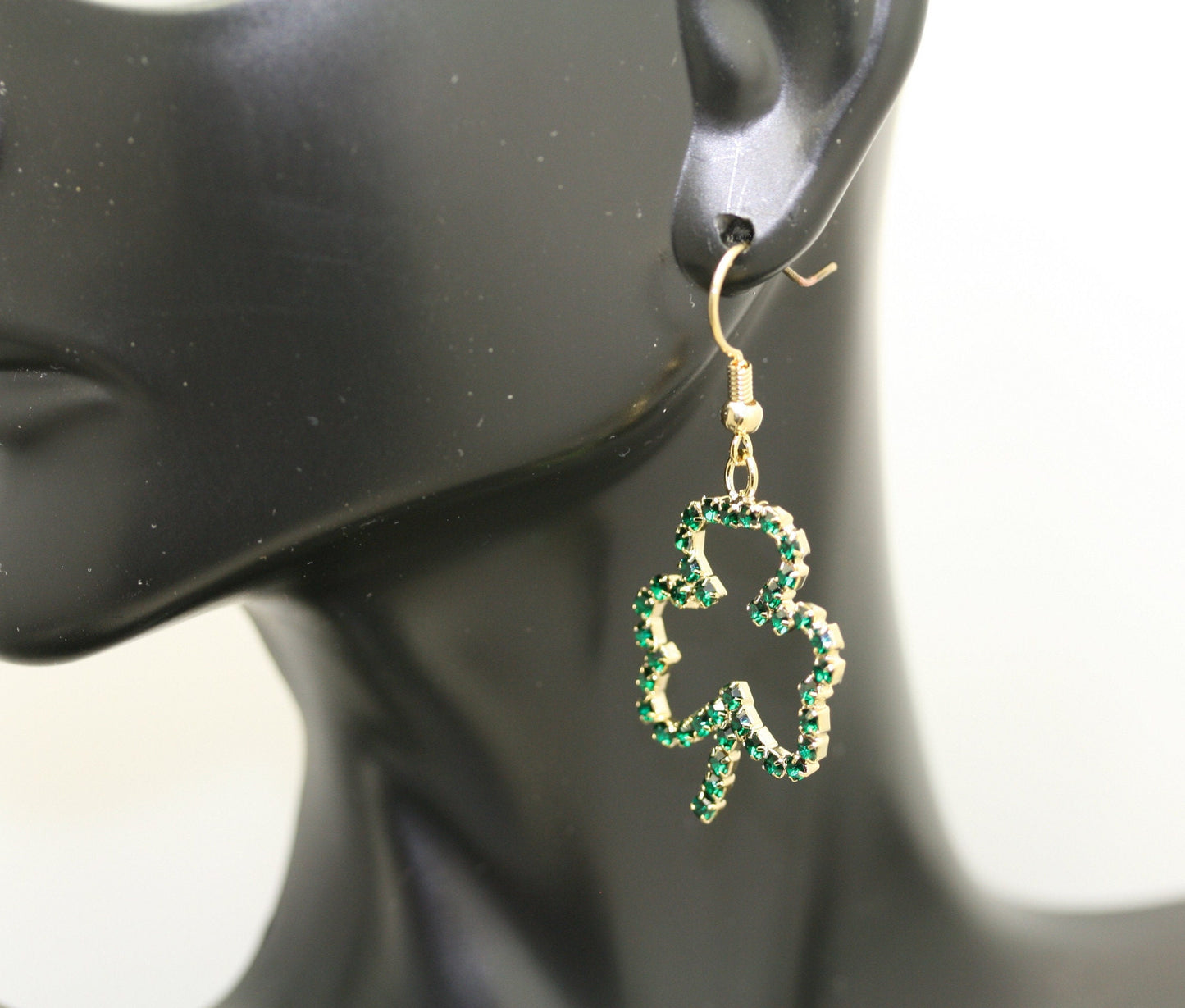 Emeralds Rhinestone Shamrock Outline St Patrick's Day Brooch & Dangle Earrings Set, Irish St Patrick's Day Shamrock Jewelry Gift