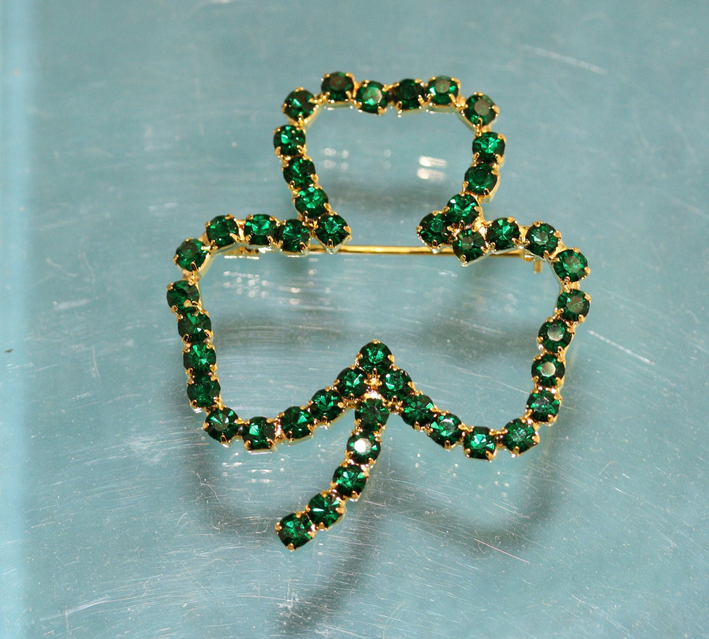Emeralds Rhinestone Shamrock Outline St Patrick's Day Brooch & Dangle Earrings Set, Irish St Patrick's Day Shamrock Jewelry Gift
