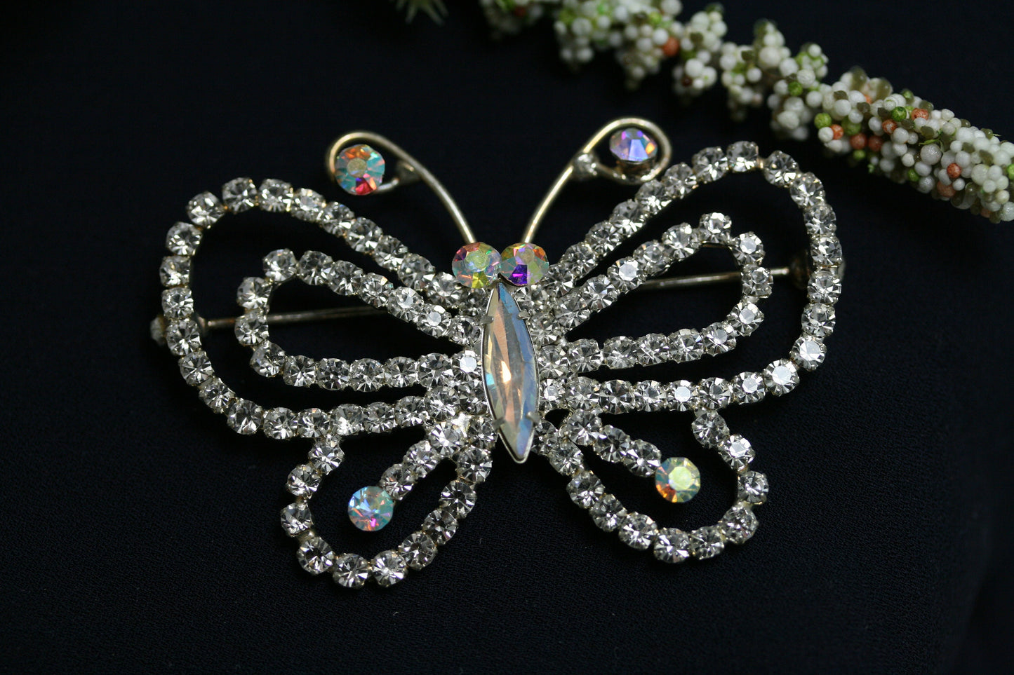 Silvery Tone Aurora Borealis Clear Crystal Rhinestone Hollow Out Butterfly Brooch Pin