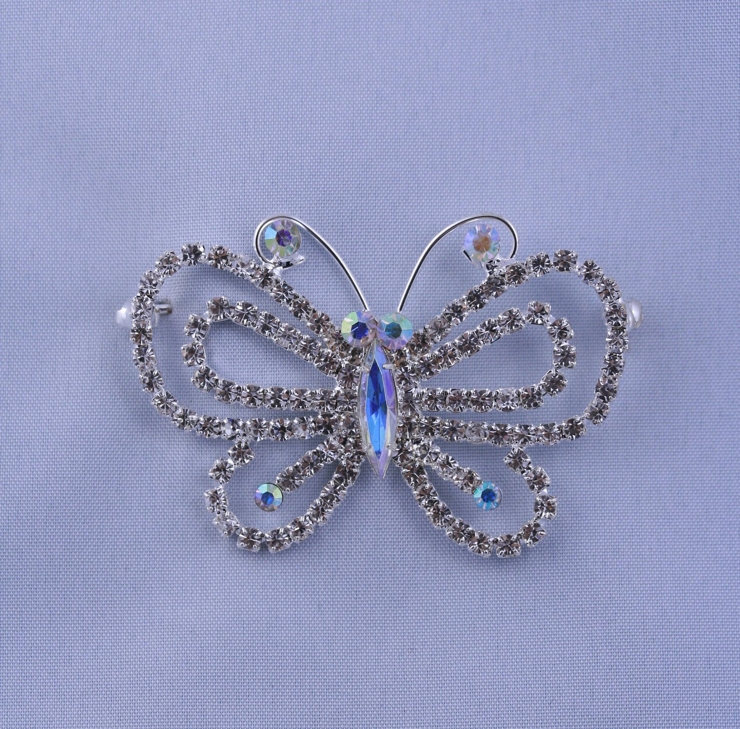 Silvery Tone Aurora Borealis Clear Crystal Rhinestone Hollow Out Butterfly Brooch Pin