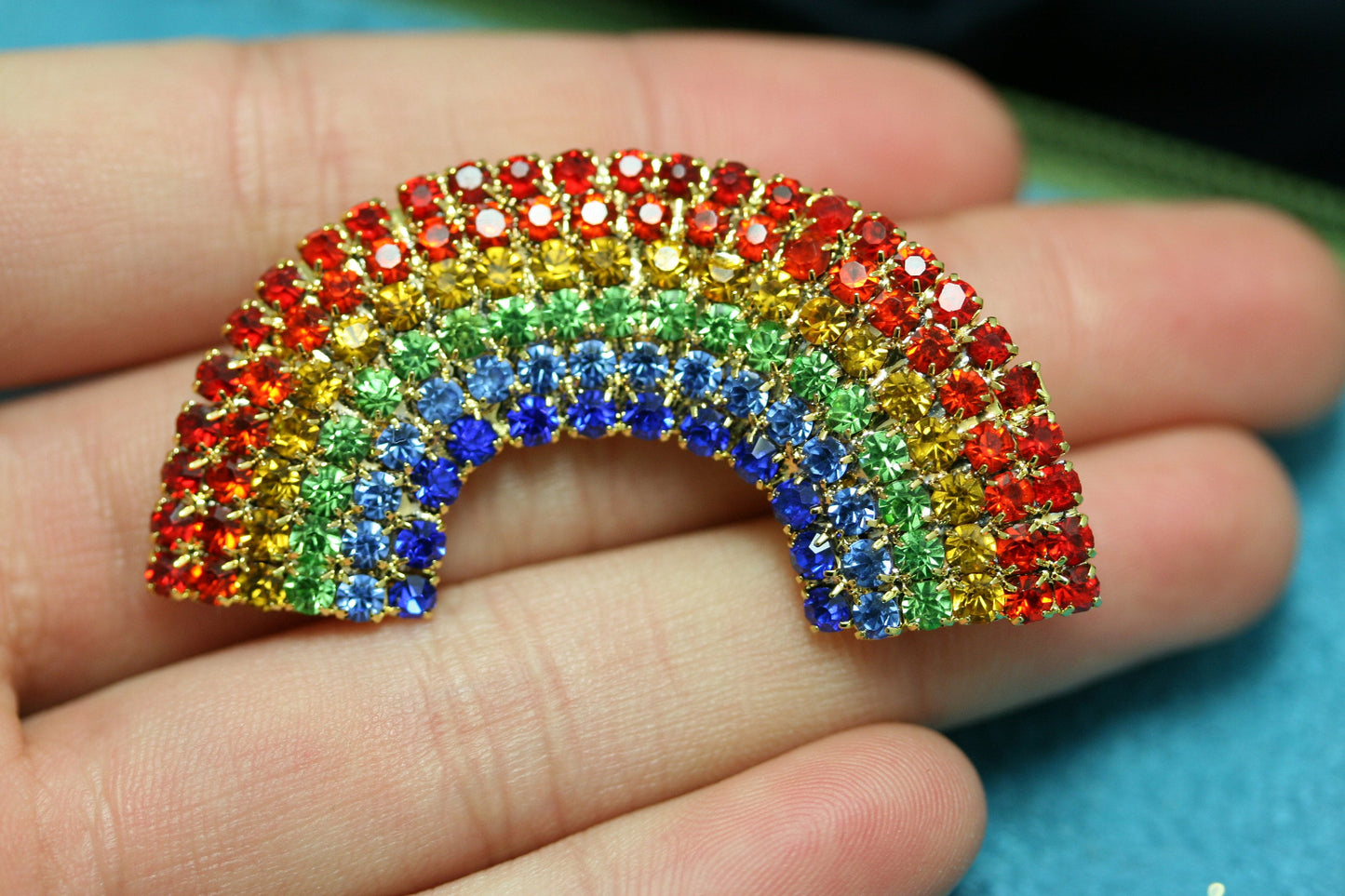 Rainbow Pin Pot Gold Brooch Rhinestone Crystal