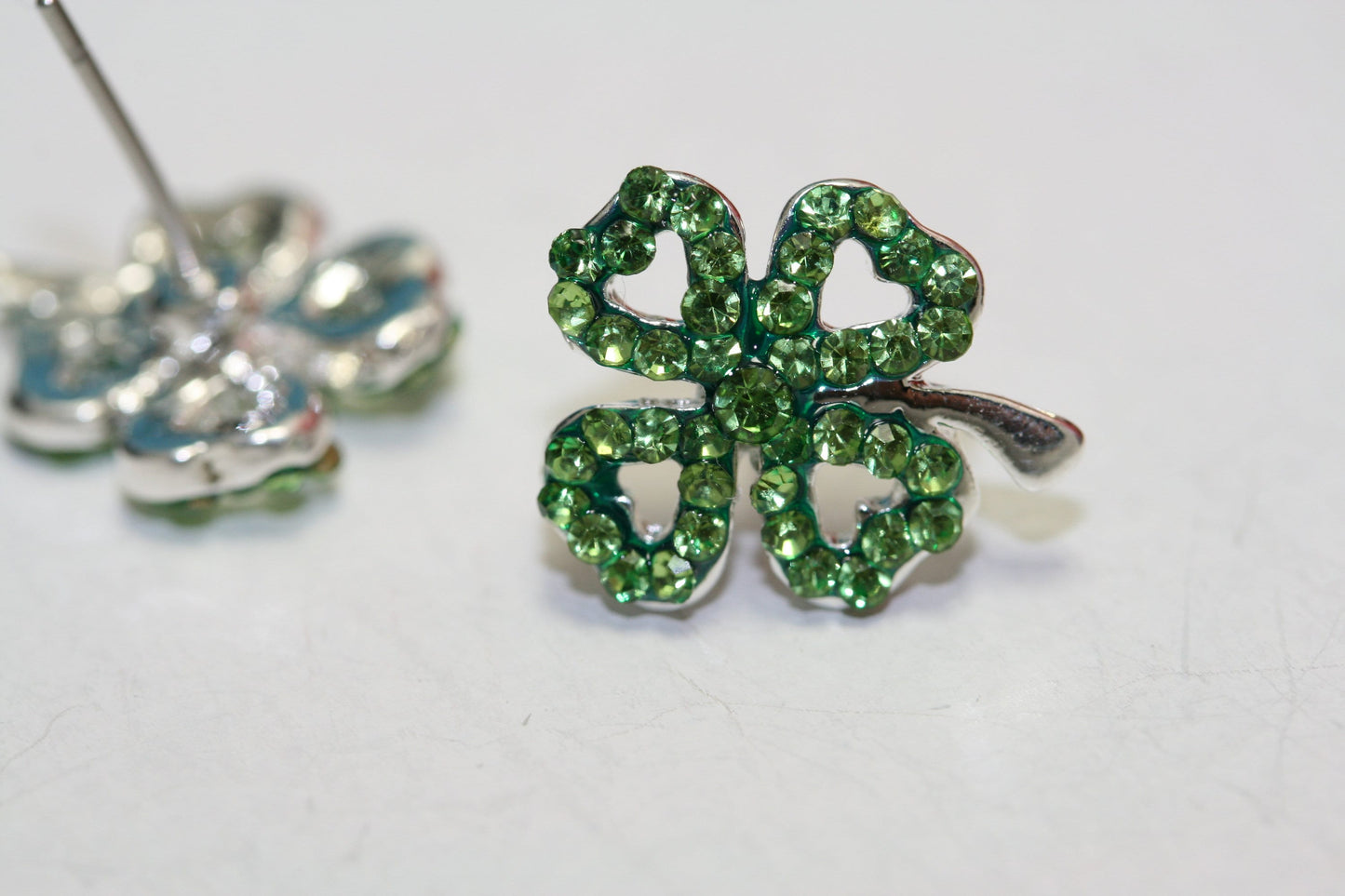 Emeralds Rhinestone Shamrock Outline Post Earrings, St Patrick's Day Earrings, Irish Four Leaf Clover Earrings Jewelry Gift