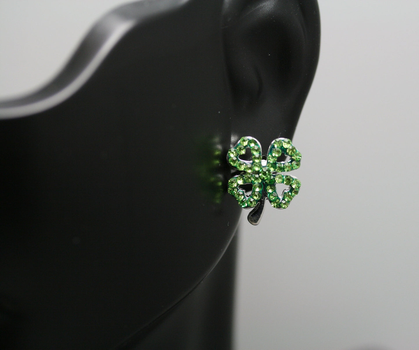 Emeralds Rhinestone Shamrock Outline Post Earrings, St Patrick's Day Earrings, Irish Four Leaf Clover Earrings Jewelry Gift