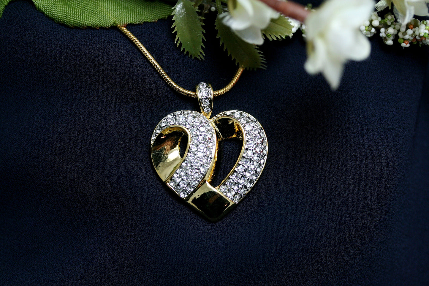 Round Diamond Accent Gold-Tone Women's Heart Pendant in Brass, 18" Crystal Valentine's Day Heart Necklace For Her