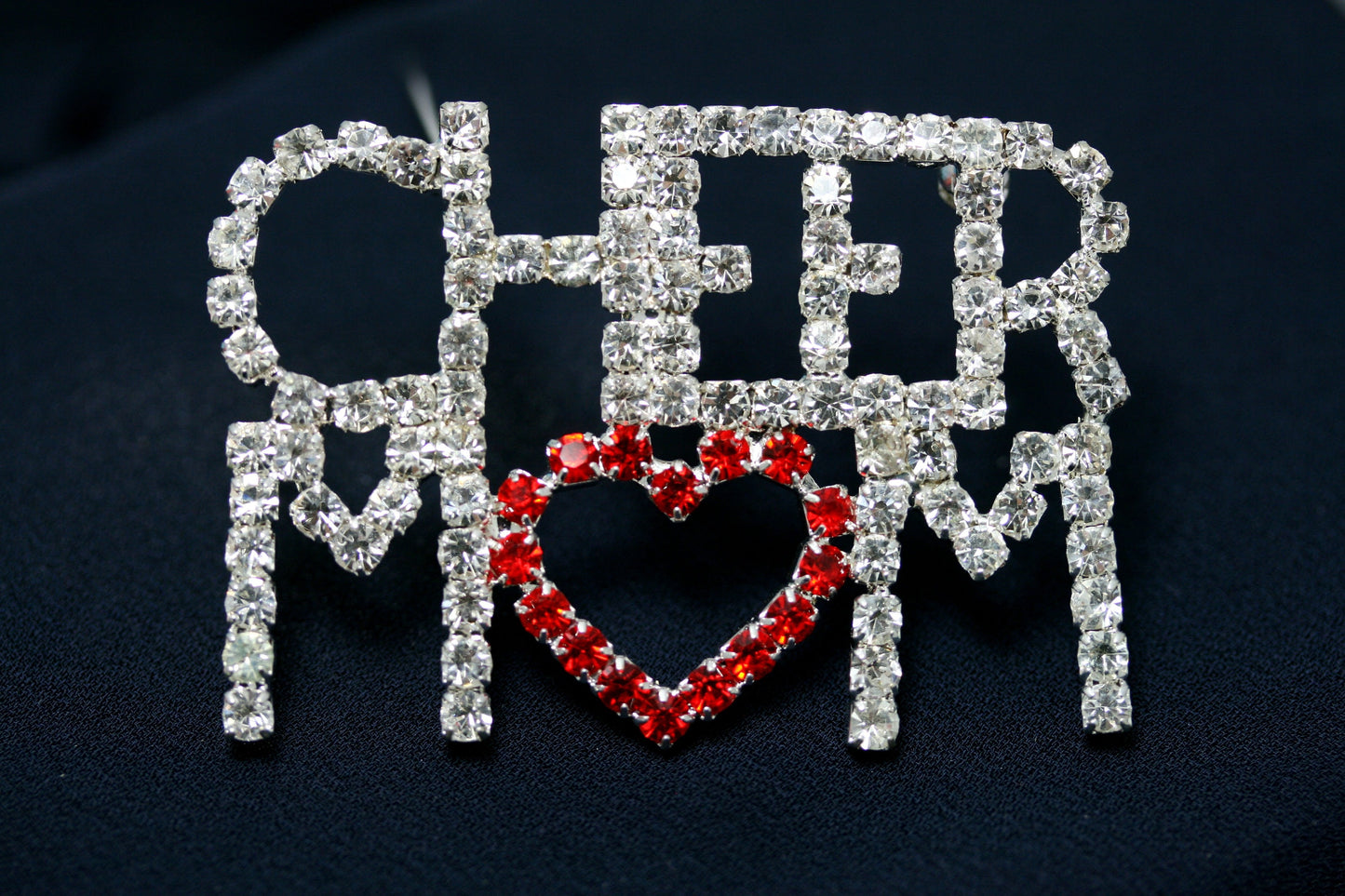 Rhinestone Cheer Mom Pin Brooch, Costume Jewelry Openwork Red & Clear Crystals Words