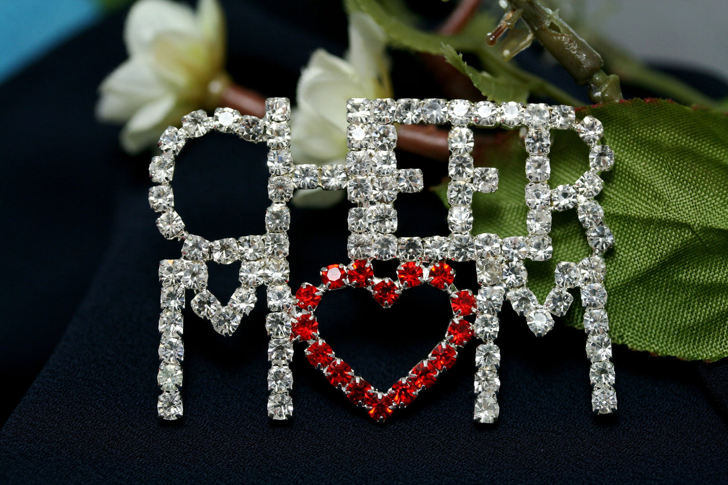 Rhinestone Cheer Mom Pin Brooch, Costume Jewelry Openwork Red & Clear Crystals Words