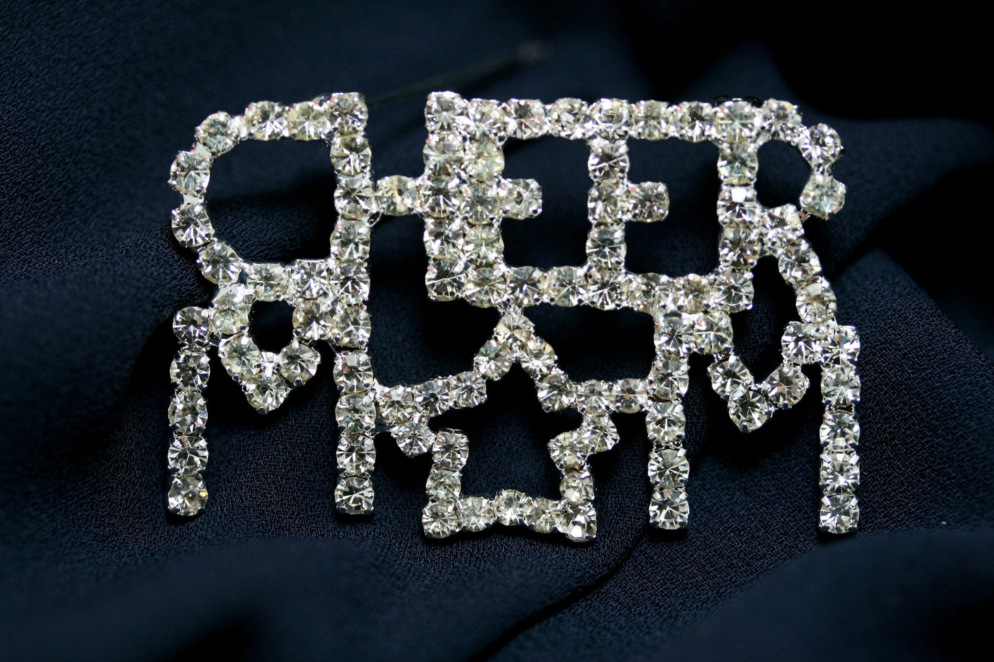 Rhinestone Cheer Mom Pin Brooch, Costume Jewelry Openwork Red & Clear Crystals Words