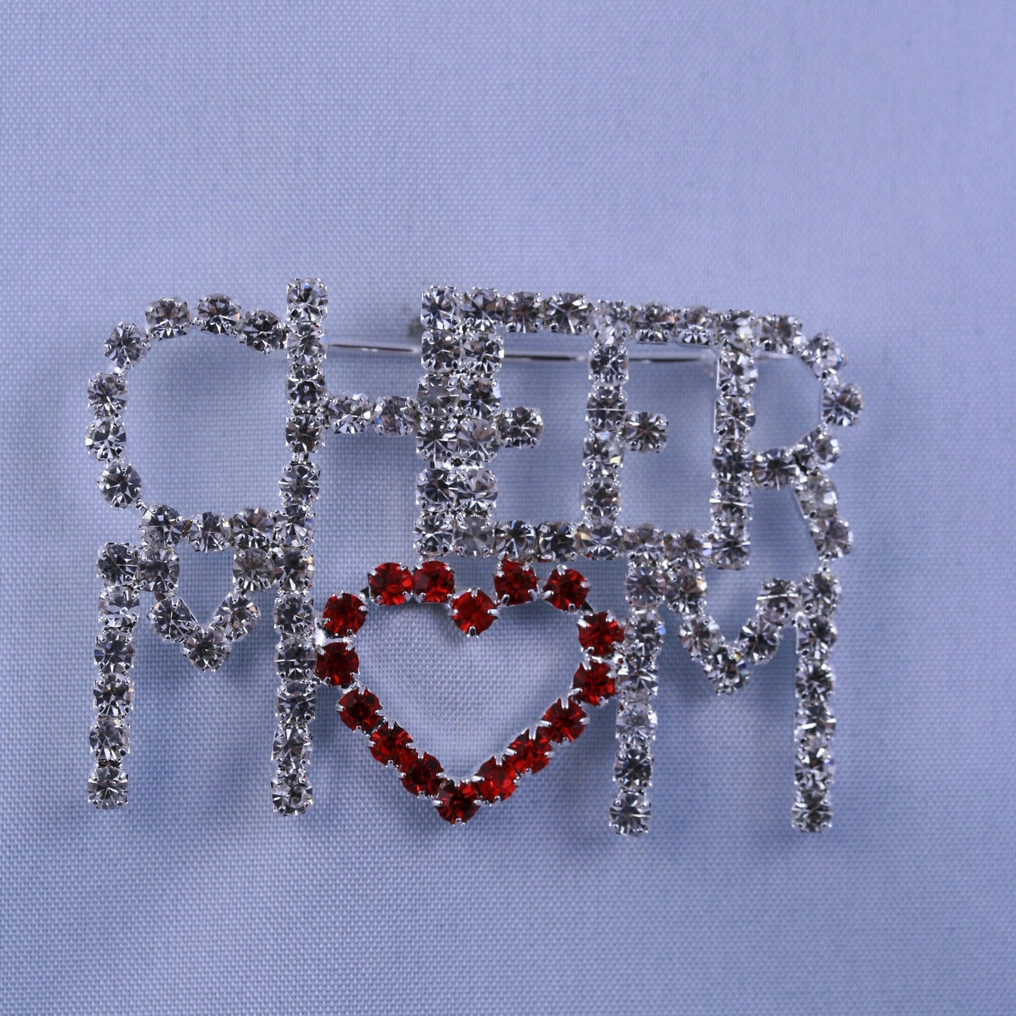 Rhinestone Cheer Mom Pin Brooch, Costume Jewelry Openwork Red & Clear Crystals Words