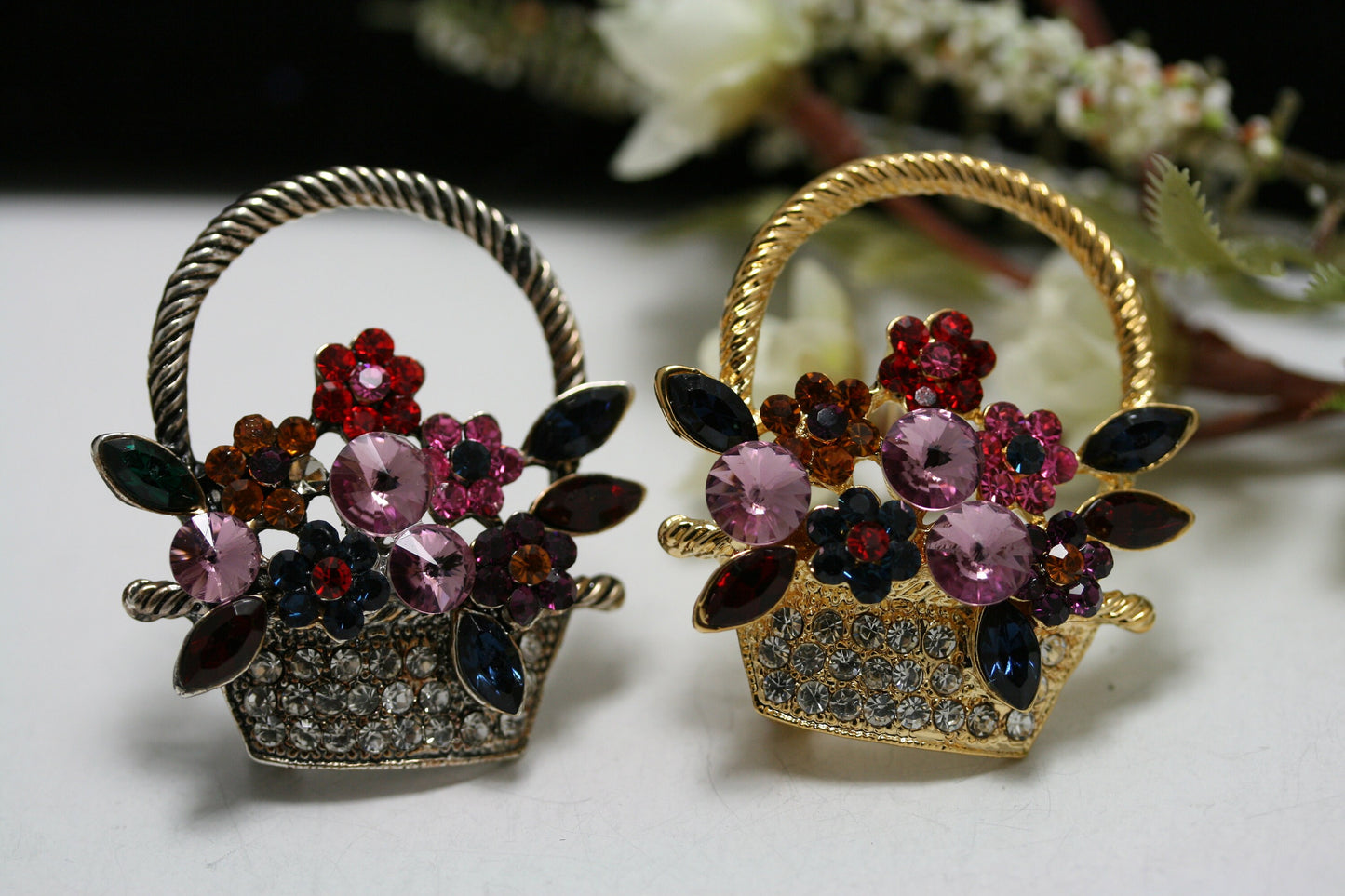 Colorful Antique Flower Basket Brooch Pin Artificial Crystal Rhinestone Vintage Flower Diamond Brooch, Easter Flower Basket Pin Jewelry