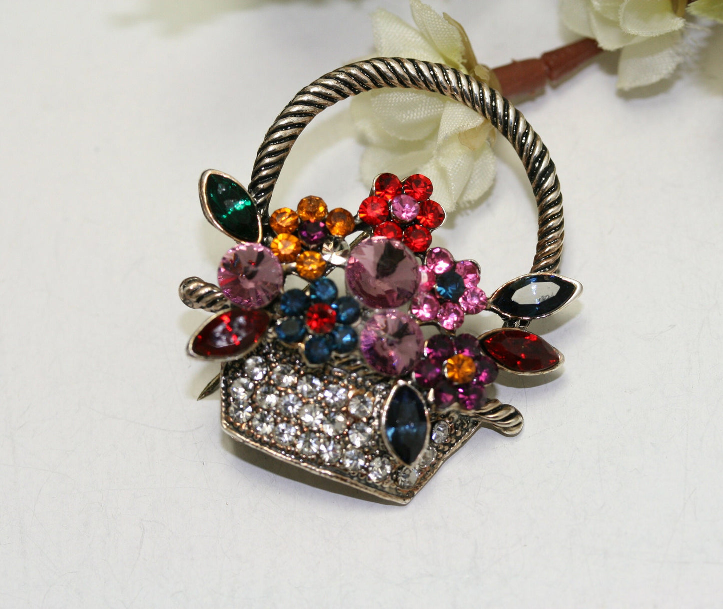 Colorful Antique Flower Basket Brooch Pin Artificial Crystal Rhinestone Vintage Flower Diamond Brooch, Easter Flower Basket Pin Jewelry
