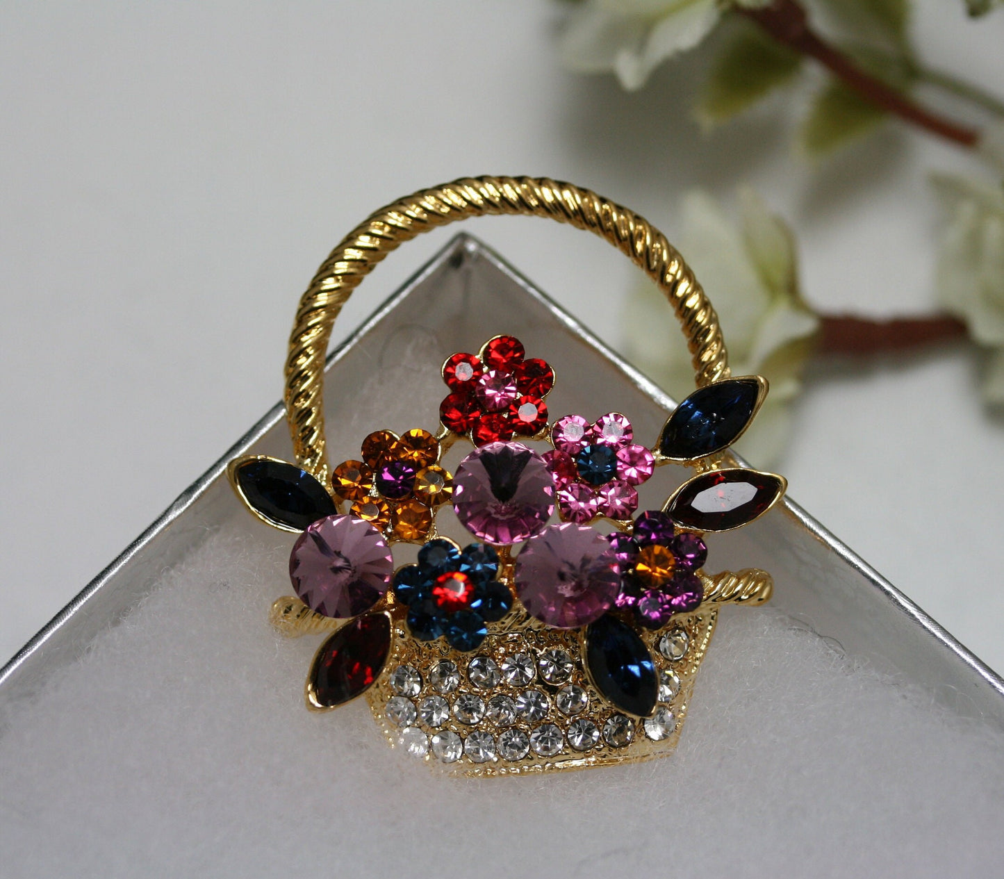 Colorful Antique Flower Basket Brooch Pin Artificial Crystal Rhinestone Vintage Flower Diamond Brooch, Easter Flower Basket Pin Jewelry