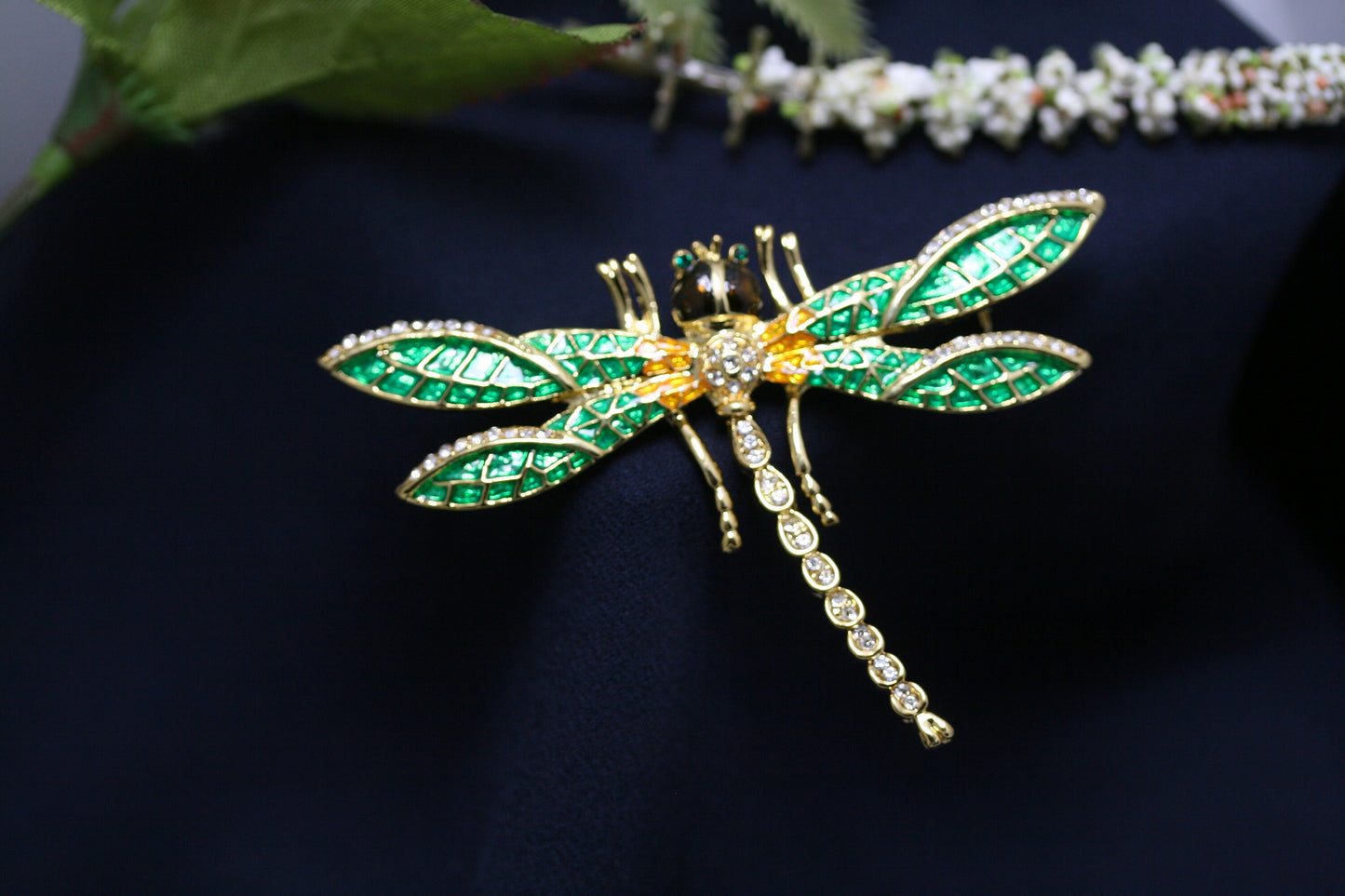 Green Crystal Dragonfly Brooch For Women Insect Rhinestone Brooches Pins