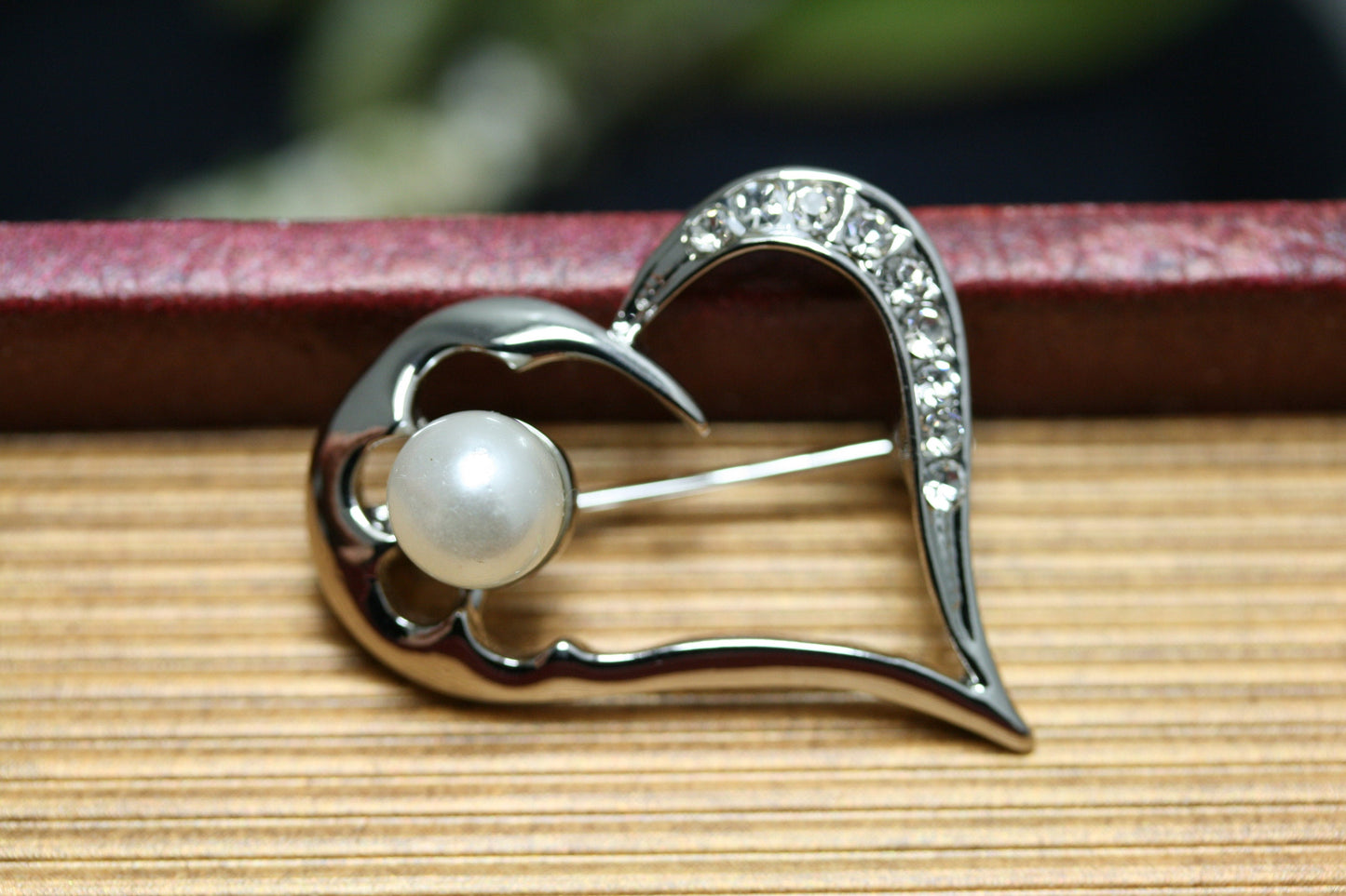 Rhinestone Silver Heart With Faux Pearl Brooch Pin, Valentine's Heart Pin, Valentine's Jewelry Gift